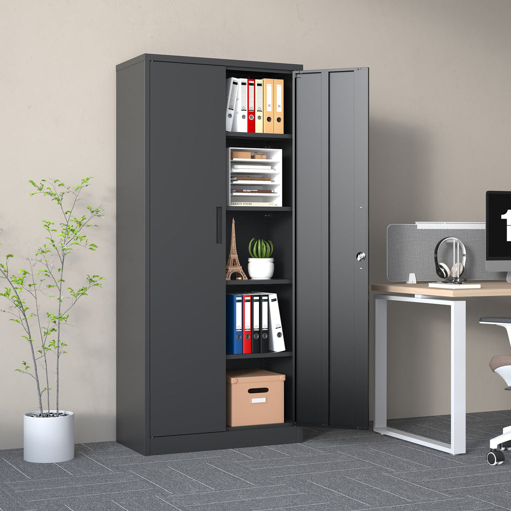 Heavy Metal 72'H Garage Storage Cabinet with Locking Doors, Black Steel, Adjustable Shelves