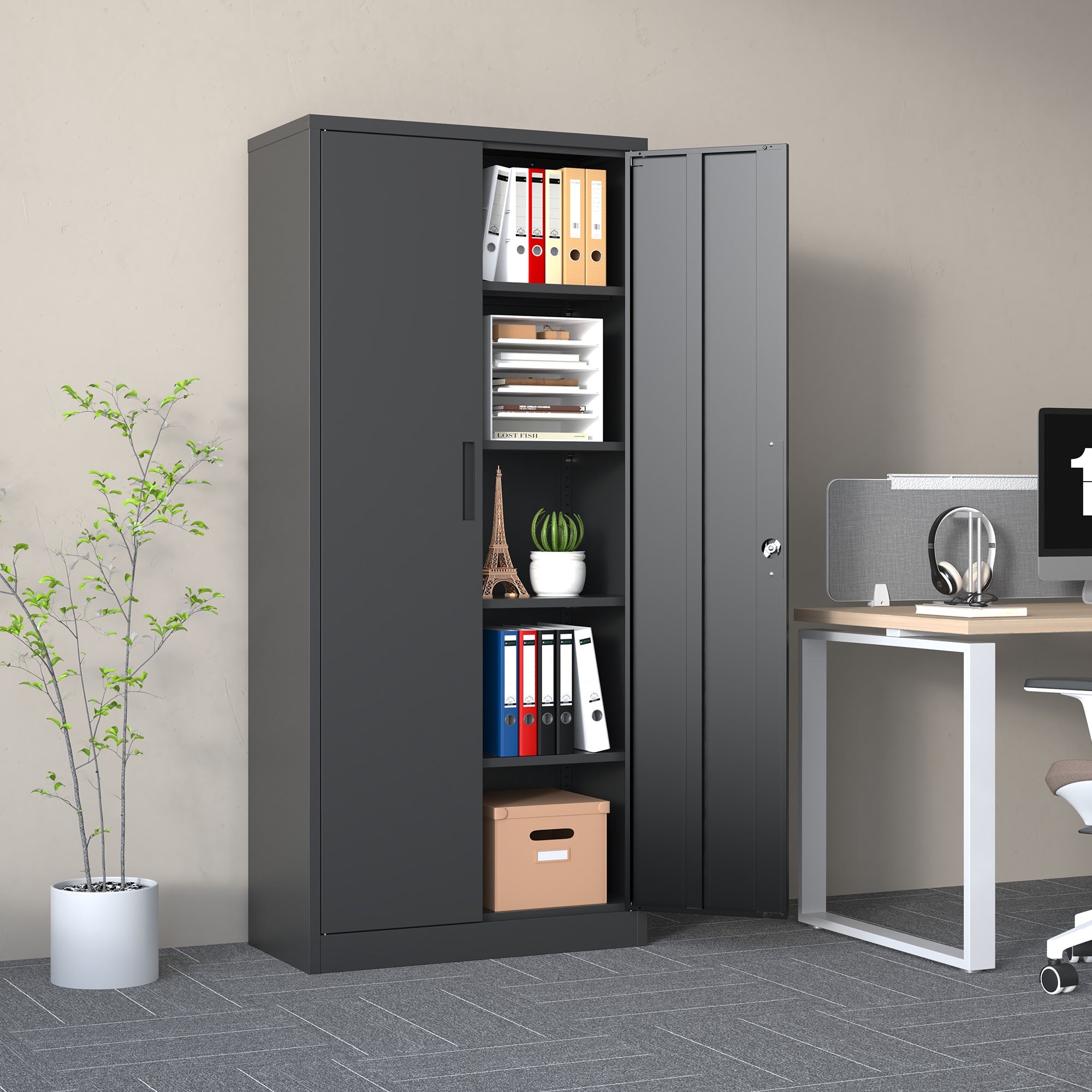 Heavy Metal 72'H Garage Storage Cabinet with Locking Doors, Black Steel, Adjustable Shelves
