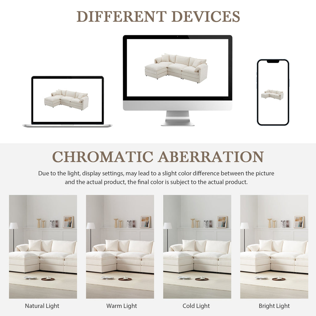 Chenille Modular Sectional Sofa with Deep Seat and Movable Ottoman in Cream