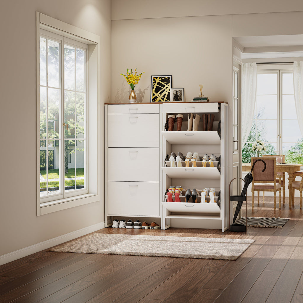 Shoe Storage Cabinet with 3 Flip Drawers&1 Drawer, Slim Freestanding Storage Racks for Entryway, Hallway, Hidden Narrow Shoe Organizers Perfect for Heels, Boots, Slippers, white/Walnut
