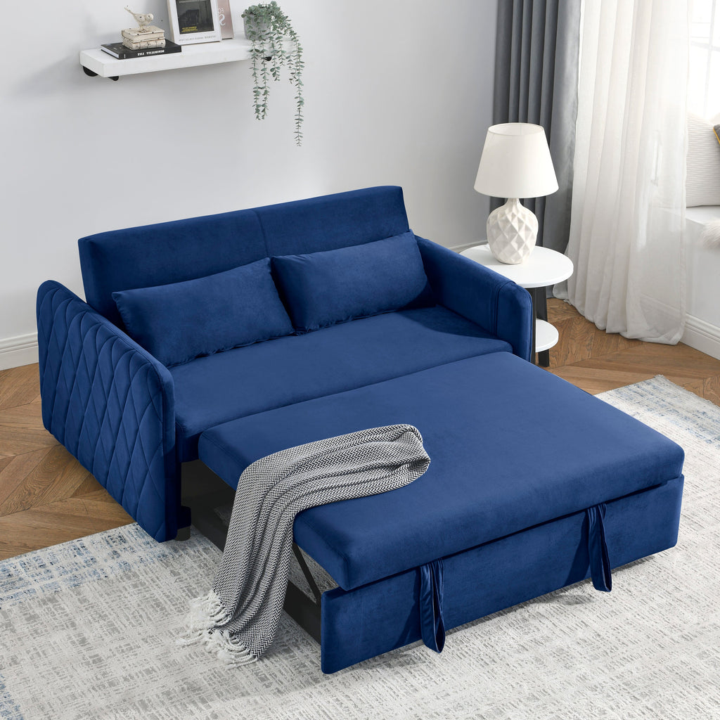 55' Modern Convertible Sofa Bed with 2 Detachable Arm Pockets, Velvet Loveseat Sofa with Pull Out Bed, 2 Pillows and Living Room Adjustable Backrest, Grid Design Armrests