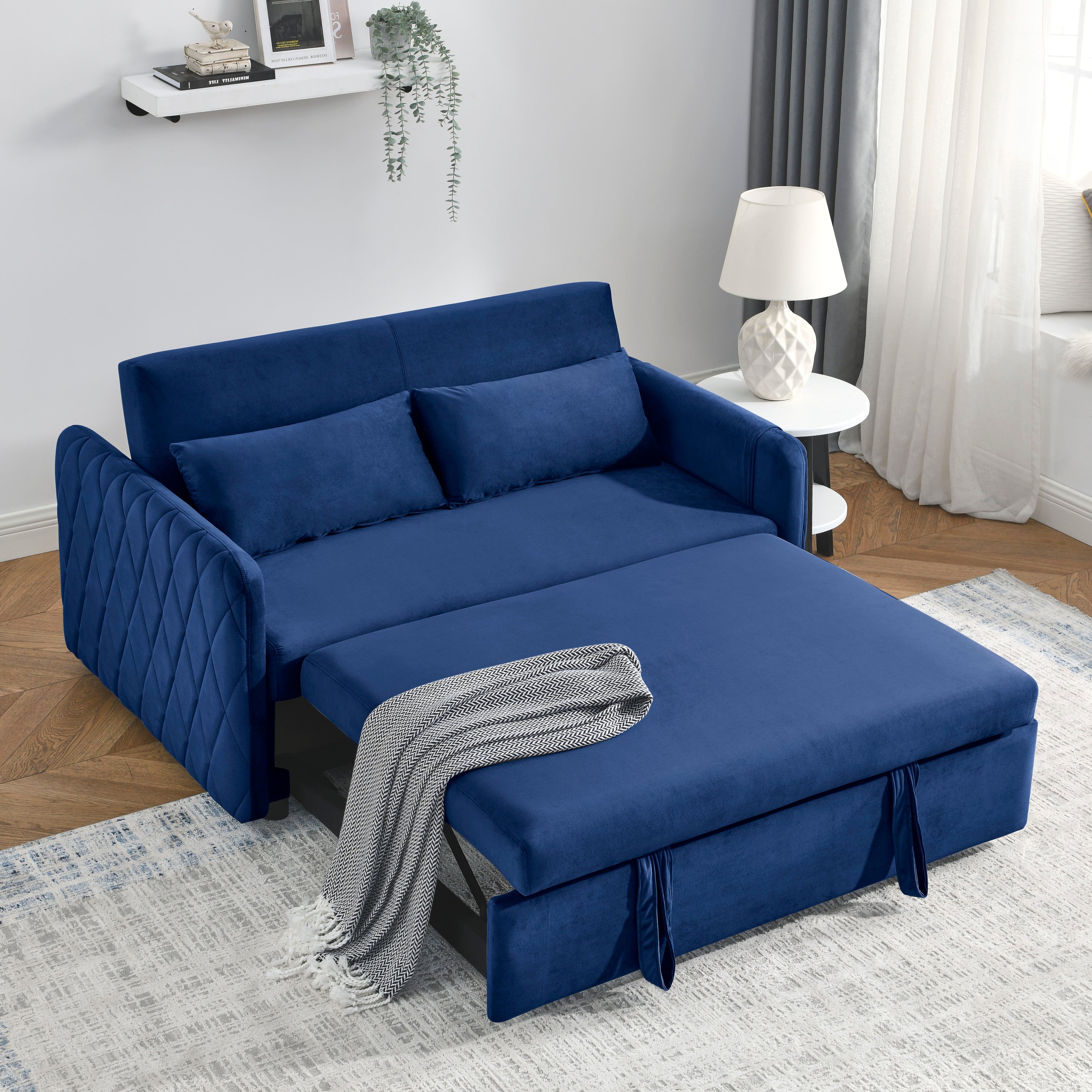 55' Modern Convertible Sofa Bed with 2 Detachable Arm Pockets, Velvet Loveseat Sofa with Pull Out Bed, 2 Pillows and Living Room Adjustable Backrest, Grid Design Armrests