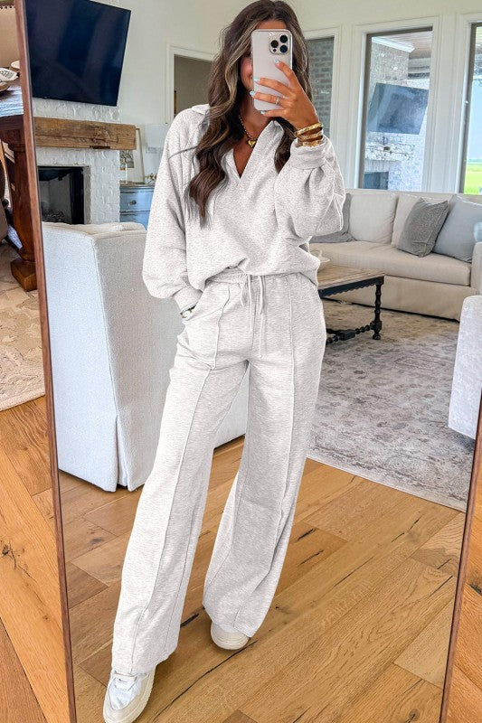 Solid V-Neck Pullover and Drawstring Sweatpants Se