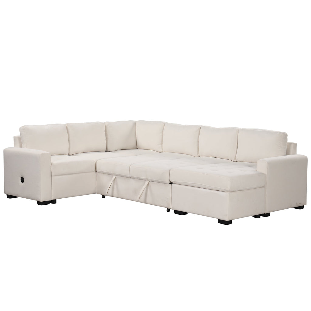 U_Style Sectional Sleeper Sofa with Pull-out Bed and Lounge Chair, USB and Type-C Interfaces, Suitable for Living Room, Office, and Spacious Spaces