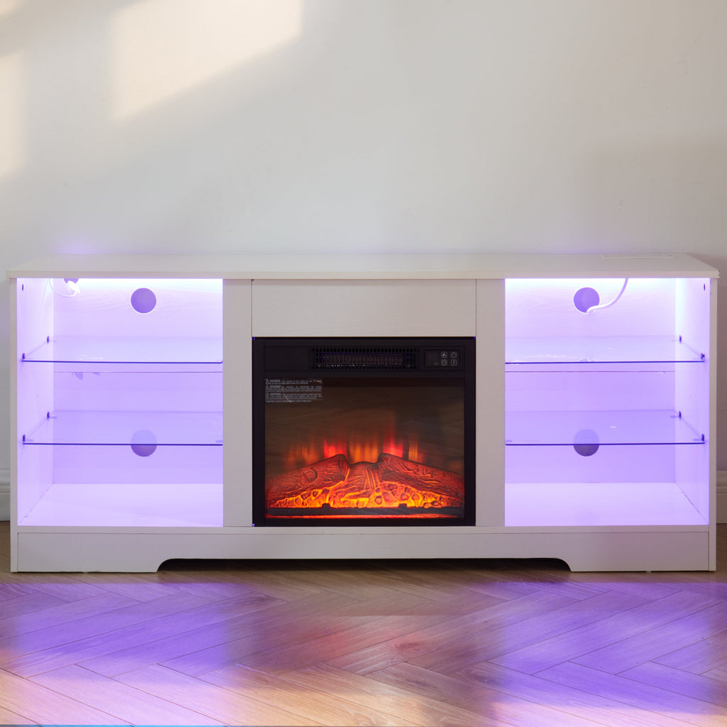 TV Stand Electric Fireplace  Glass Shelves, 3D Fireplace TV Stand with LED Lights Wood with USB Charging Outlet Modern Television Table Center for TV up to 62' White, 58''W*15.5''D*24.4