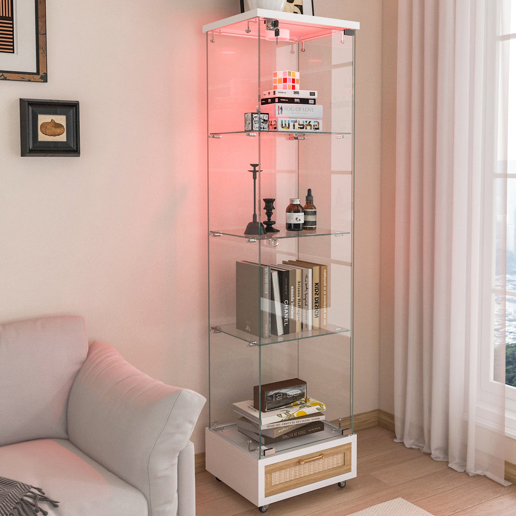 Modern Glass Display Cabinet with Drawer , Quick-assembly Antique Cabinet with LED lights, Tempered Glass Bookshelf,  1-Door Storage Case with 4 Shelves  for Living Room and Bedroom, white and natural