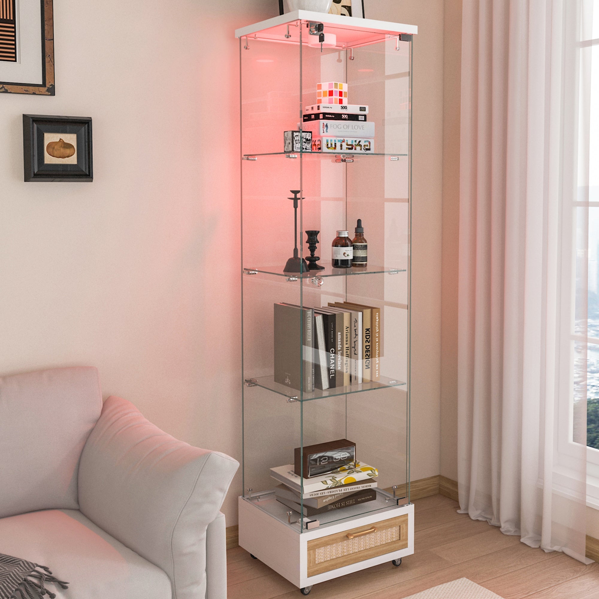 Modern Glass Display Cabinet with Drawer , Quick-assembly Antique Cabinet with LED lights, Tempered Glass Bookshelf,  1-Door Storage Case with 4 Shelves  for Living Room and Bedroom, white and natural