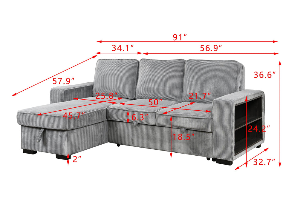 Modern Sofa L-Shaped Sectional Sofa Pull Out SofaBed Convertible Sleeper Sofa Bed with Storage Chaise & USB Port & Cup Holder for Living Room - Light Gray