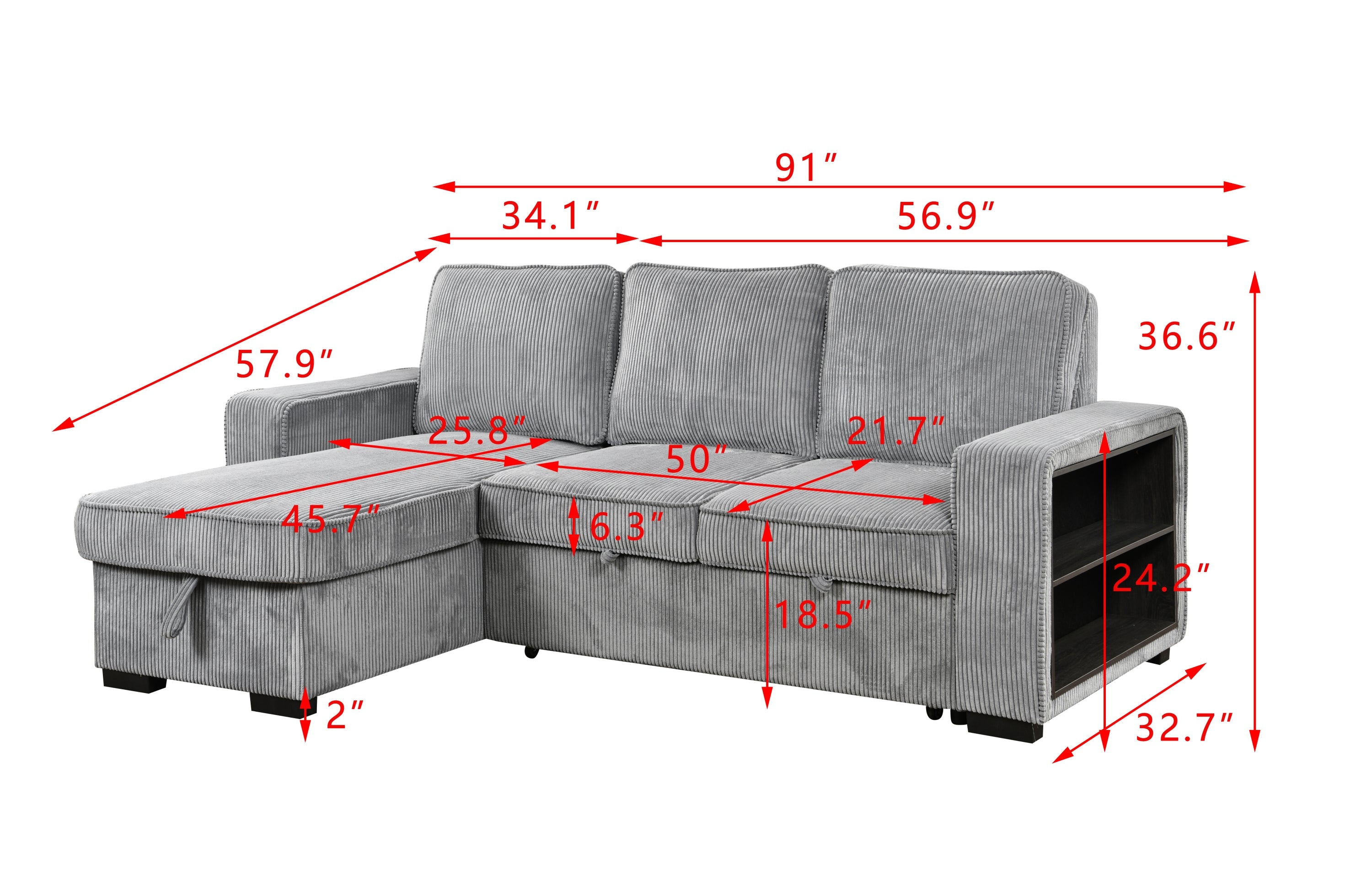 Modern Sofa L-Shaped Sectional Sofa Pull Out SofaBed Convertible Sleeper Sofa Bed with Storage Chaise & USB Port & Cup Holder for Living Room - Light Gray