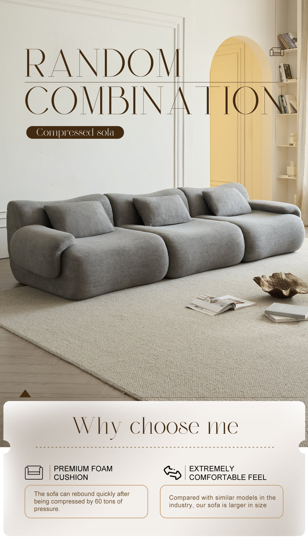 Modular Sectional Sofa, Compressed Sectional Sofa Modern Minimalist Style Couch, Bedroom, Comfy Compressed Sofa Couch Space-Efficient Light Gray