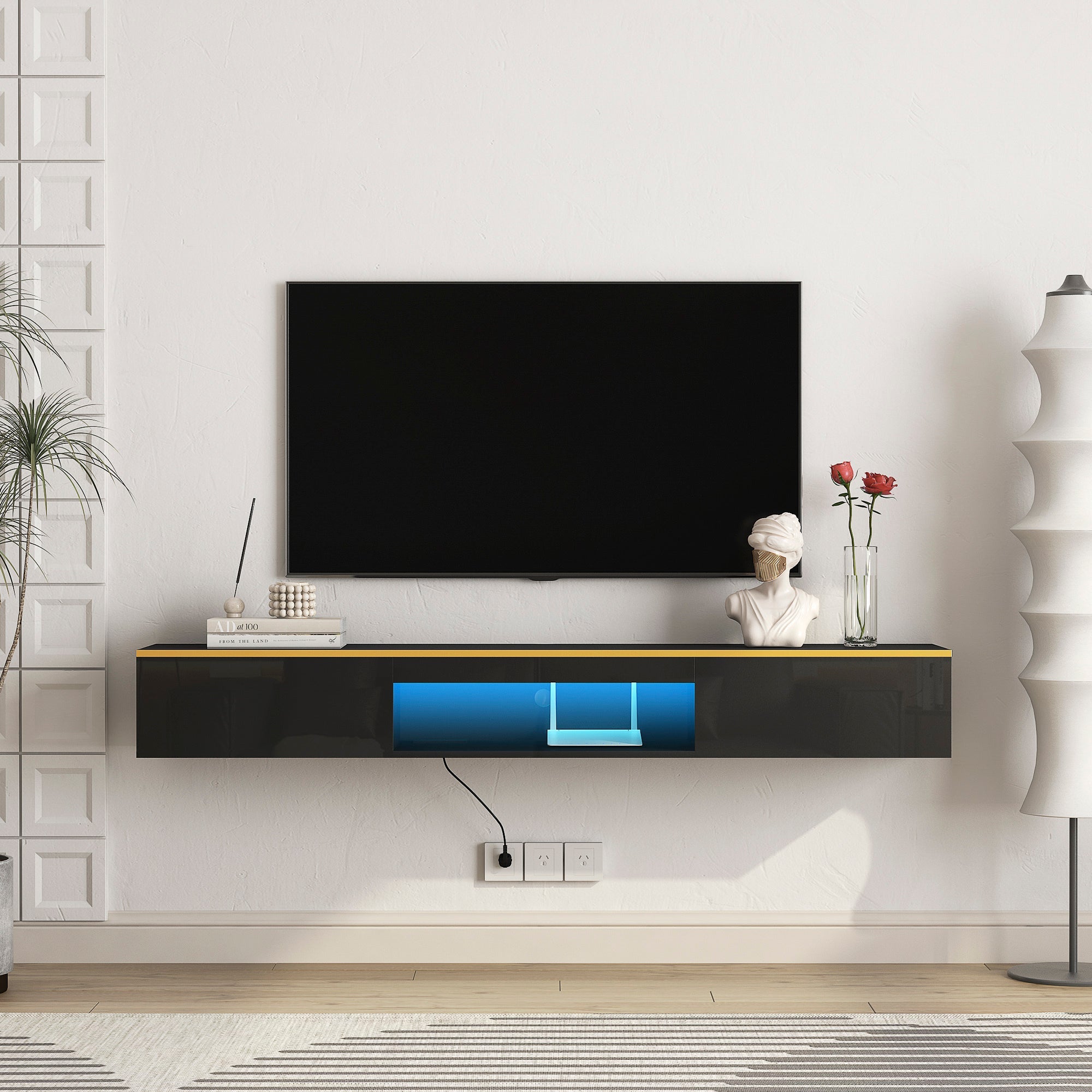 Floating TV Stand Wall Mounted with 16 Color LEDs,69' Modern TV Stand, Floating TV Cabinet Entertainment Center for 55 60 65 Inch TV,Black
