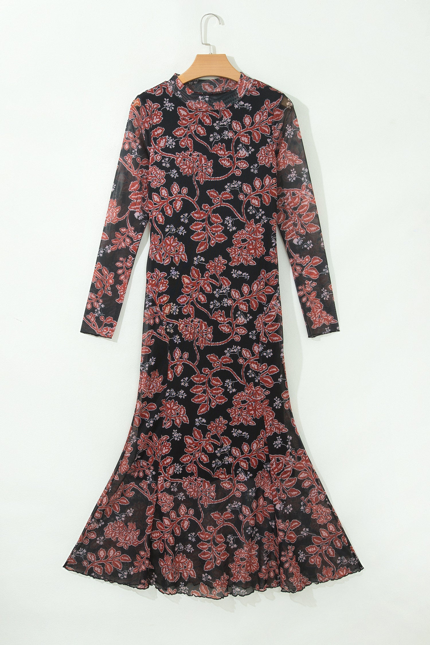 Floral Retro Long Sleeve Mesh Maxi Dress