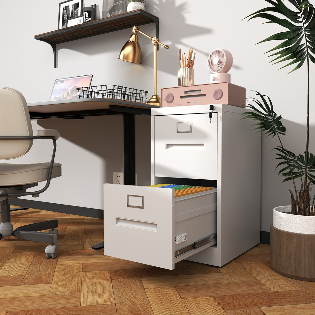 Premium 2 Drawer File Cabinet with Lock, Metal Vertical Design, A4 Legal/Letter Size, White Steel, Compact Dimensions