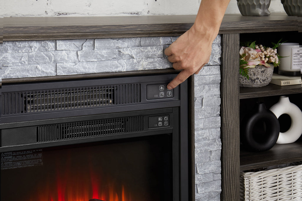 Mantel Electric Fireplace Stone TV Media Stand with Faux Stacked Stone Surround, Modern Entertainment Console with Open Storage Space with 18' Fireplace Insert ,Grey, 58.31'W*15.39'D*26.06'H