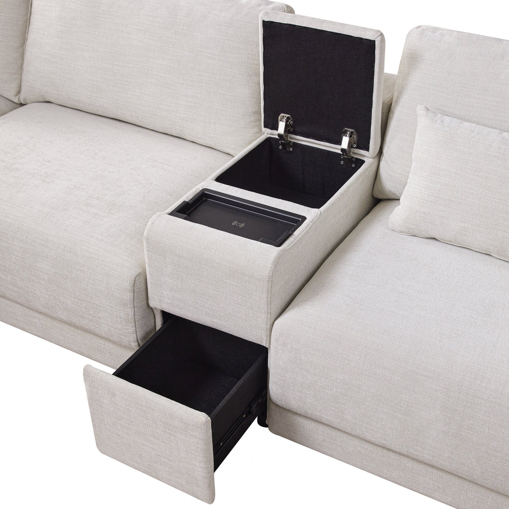 [VIDEO+NEW]124'' Modular Sectional Sofa with Storage Console and Movable Ottoman,33'' Wide Seat,4 Seat L Shaped Chenille Couch,Reversible Comfy Sofa with USB Charger for Living Room,Apartment,2 Colors