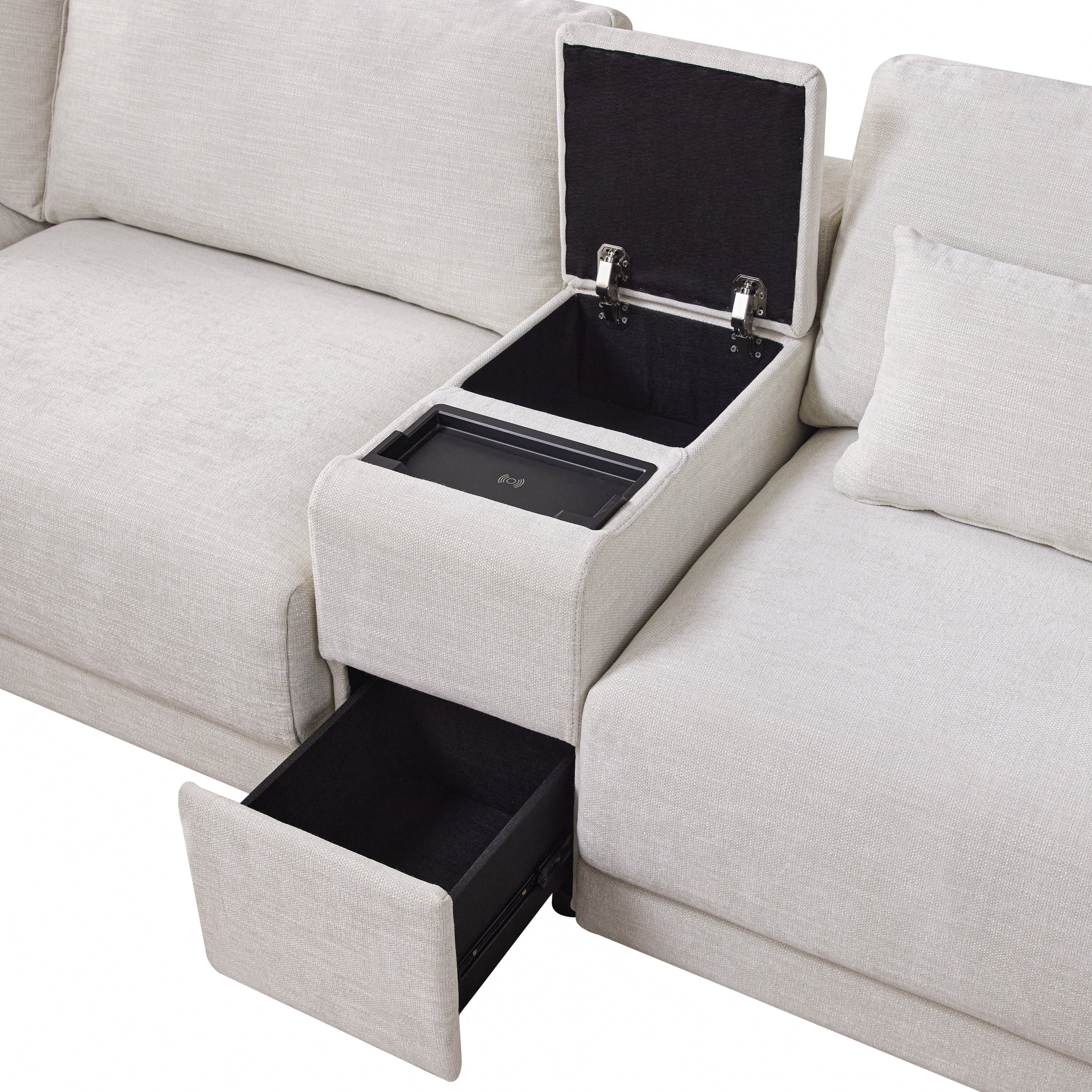 [VIDEO+NEW]124'' Modular Sectional Sofa with Storage Console and Movable Ottoman,33'' Wide Seat,4 Seat L Shaped Chenille Couch,Reversible Comfy Sofa with USB Charger for Living Room,Apartment,2 Colors