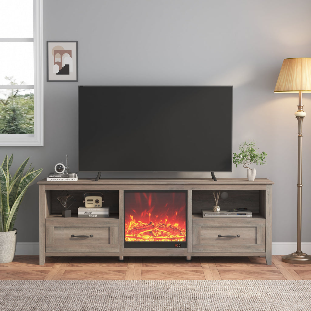 70.08 Inch Length TV Stand for Living Room and Bedroom, with 2 Drawers and 4 High-Capacity Storage Compartment, Grey Walnut ;Suitable for fireplace