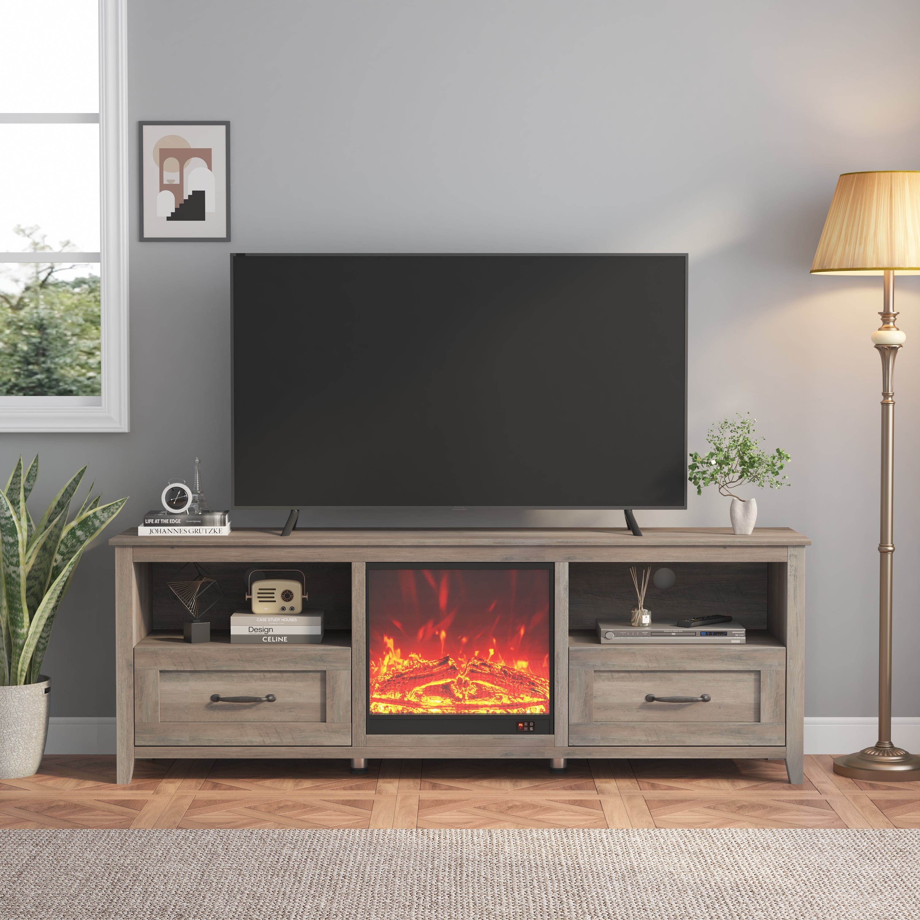 70.08 Inch Length TV Stand for Living Room and Bedroom, with 2 Drawers and 4 High-Capacity Storage Compartment, Grey Walnut ;Suitable for fireplace