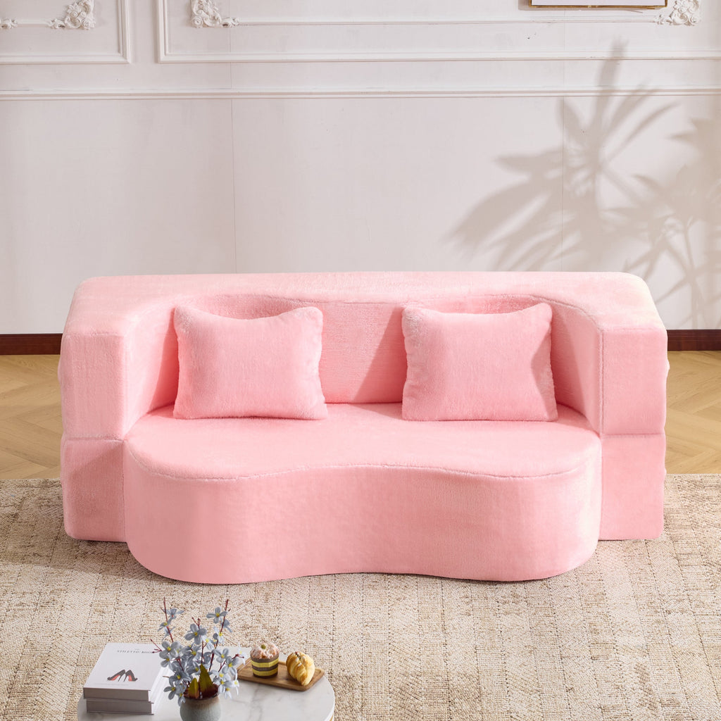 71-inch folding sofa bed, chenille futon sofa bed, high-density foam convertible sofa bed, folding floor sofa bed for living room, guest room, bedroom, pink