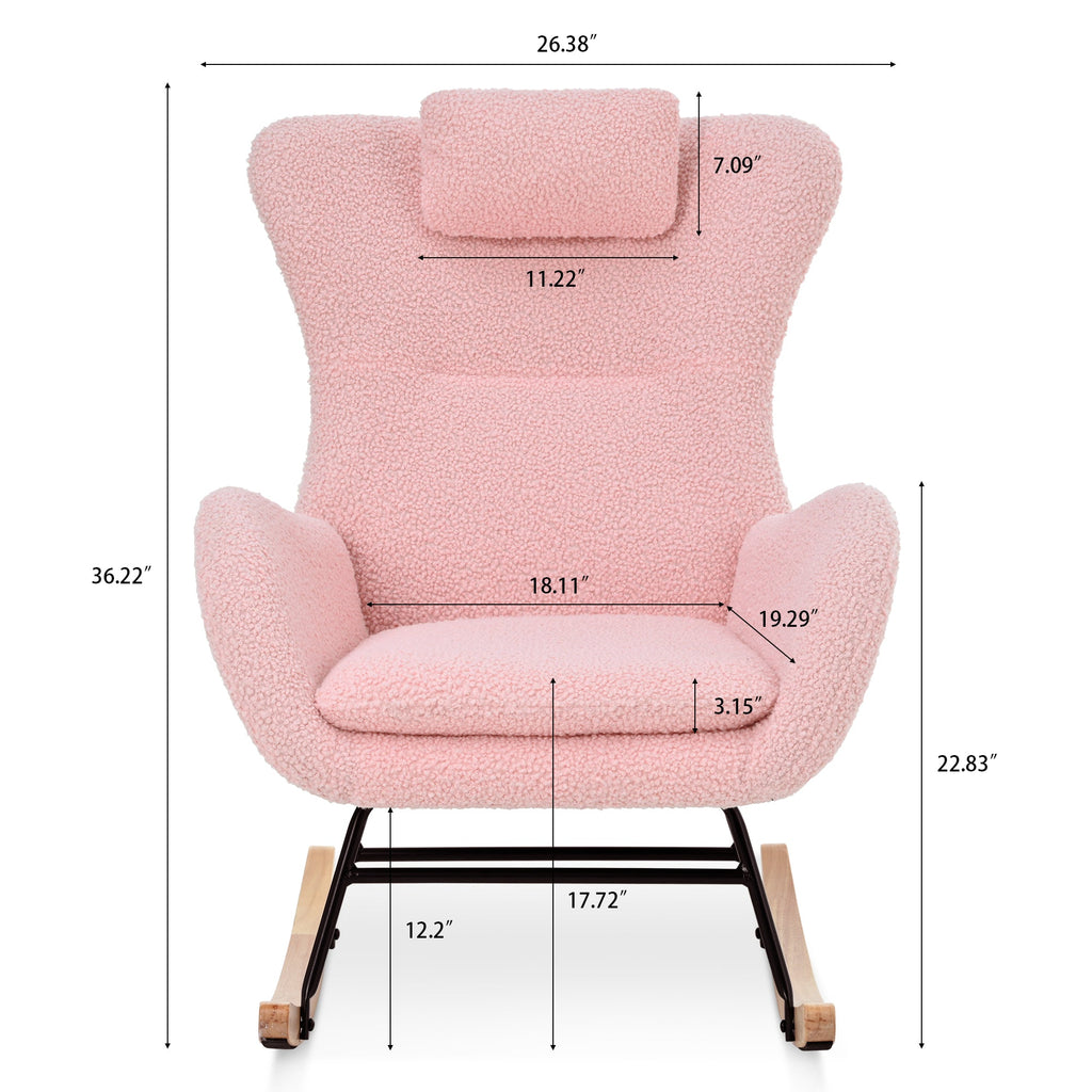 Rocking Chair Nursery, Teddy Upholstered Rocker Glider Chair with High Backrest, Adjustable Headrest & Pocket, Comfy Glider Chair for Nursery, Bedroom, Living Room, Offices, Rubber wood, pink