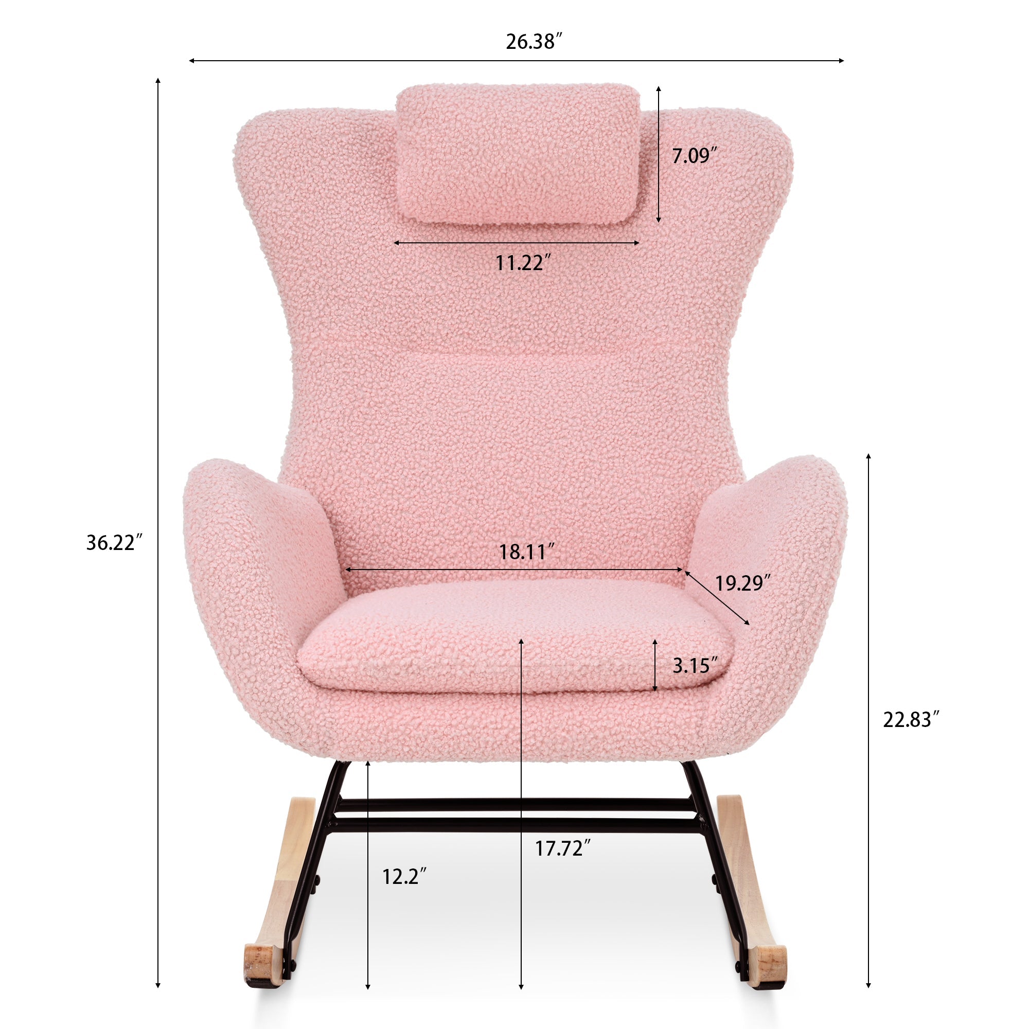Rocking Chair Nursery, Teddy Upholstered Rocker Glider Chair with High Backrest, Adjustable Headrest & Pocket, Comfy Glider Chair for Nursery, Bedroom, Living Room, Offices, Rubber wood, pink