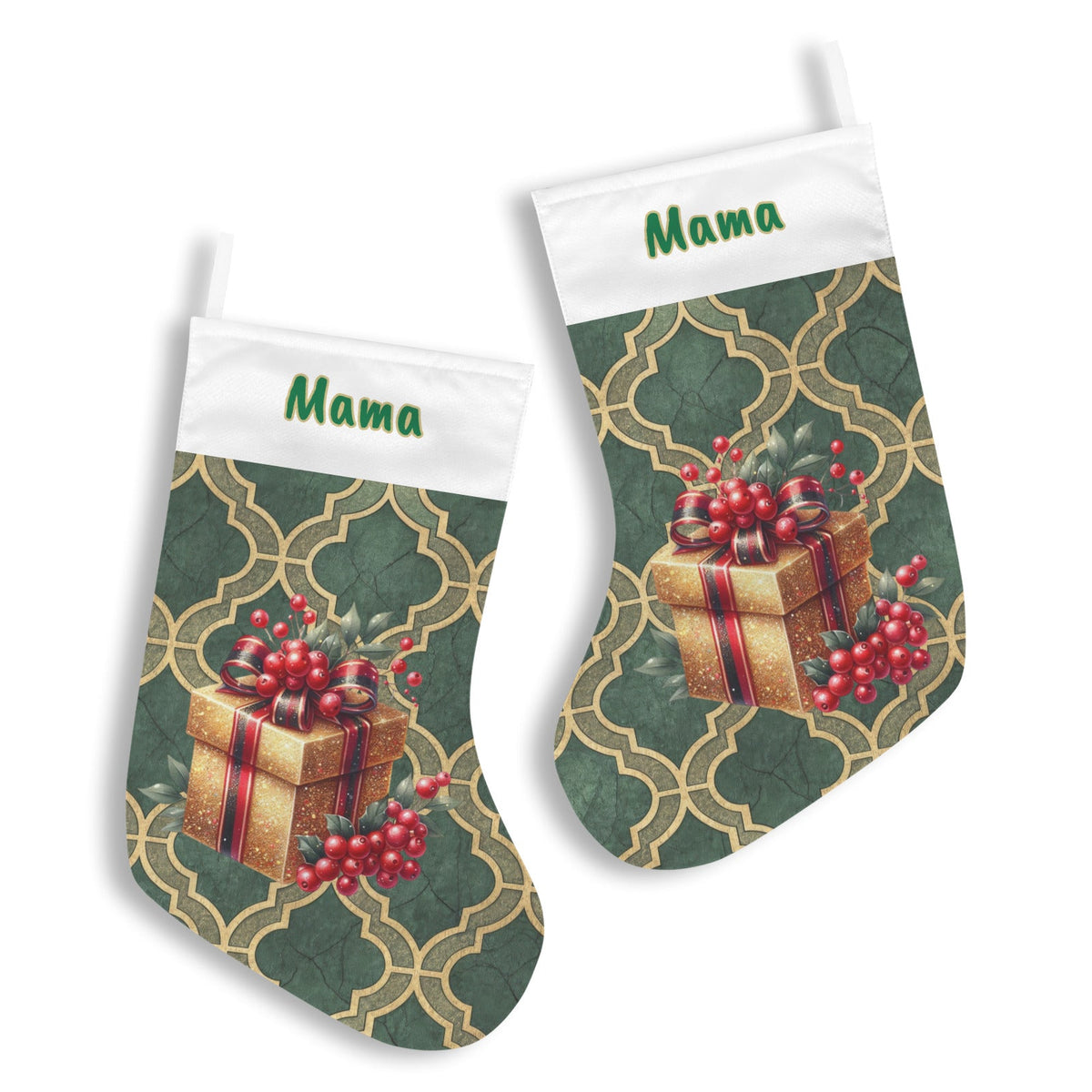 Personalizable Golden Presents on Green Christmas Stocking (Made in USA)