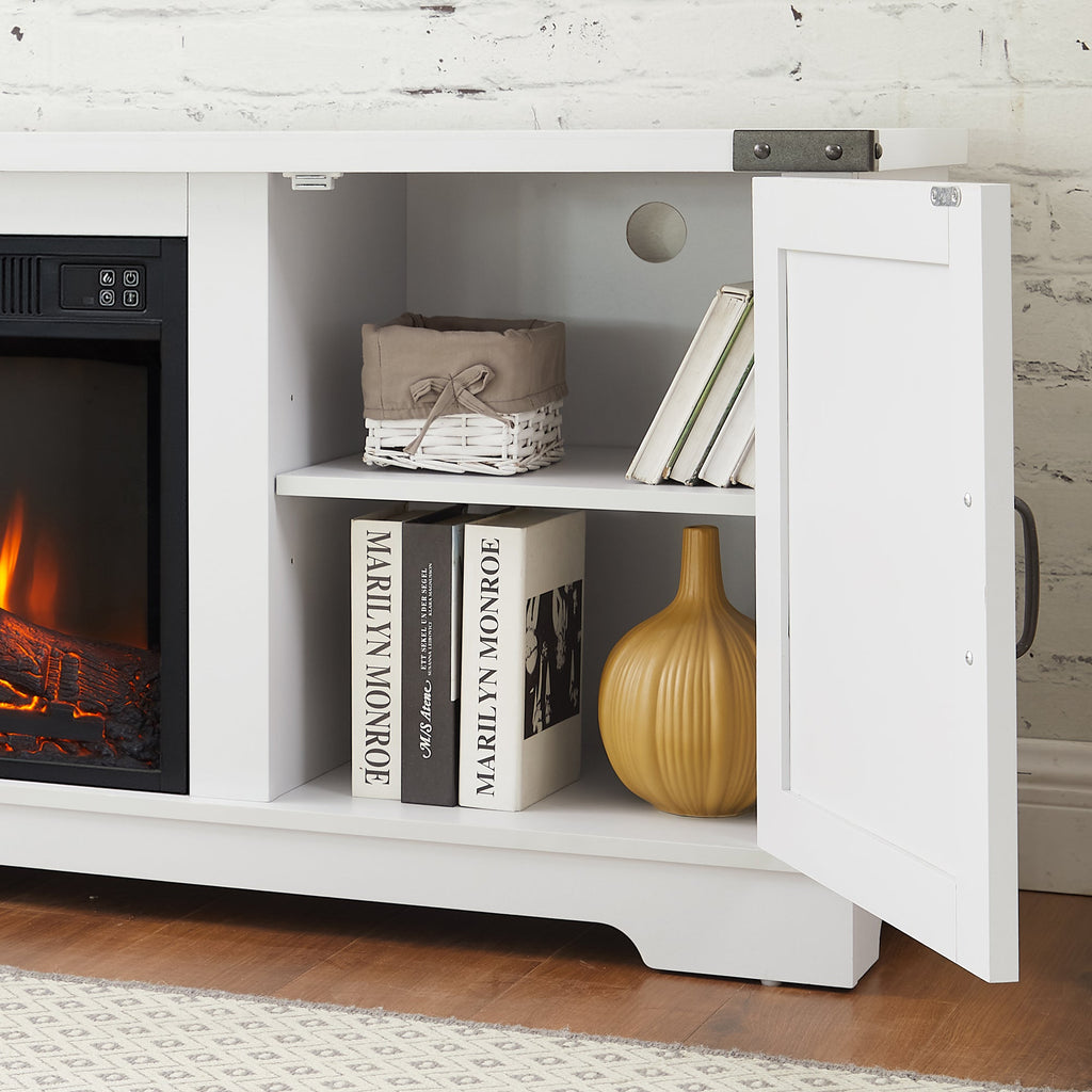 Modern Farmhouse TV Media Stand, Large Barn Inspired Home Entertainment Console, with 23' Fireplace Insert, for TV Up to 70'', with Open Shelves and Closed Cabinets, White, 64.8'W*15.67'D*24.29'H