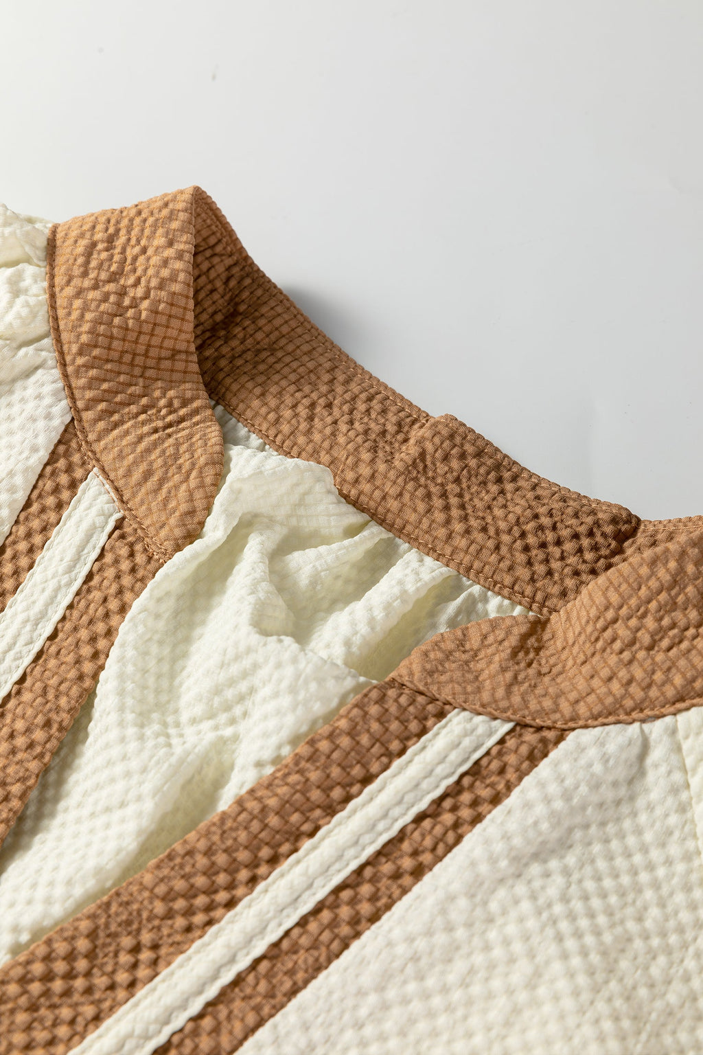 Colorblock V-Neck Textured Long Sleeve Blouse