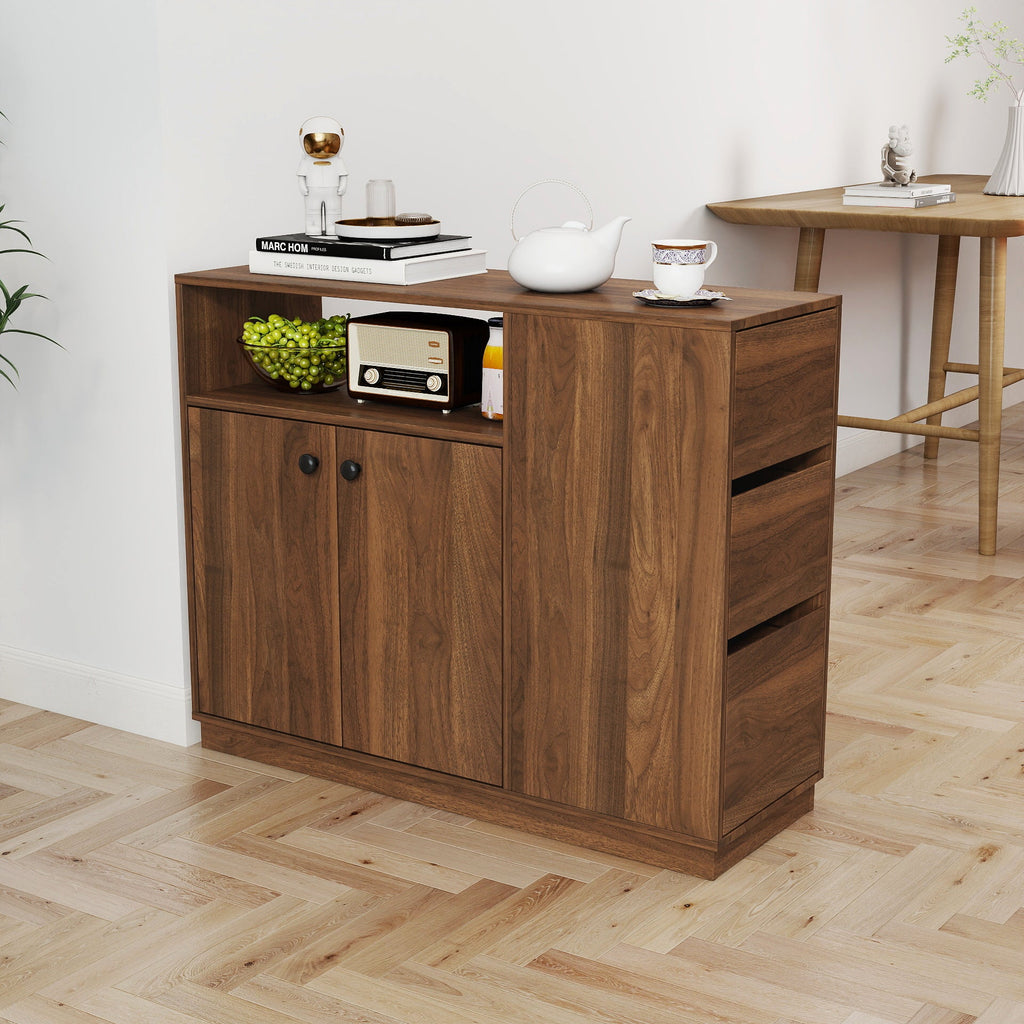 Kitchen Sideboard, Small  Countertop Organizer, Tabletop Cabinet with 2 Glass Sliding Door,3 Side Drawers & 1 small display shelves, Counter Cabinet for Kitchen, Living Room, Dinning Area