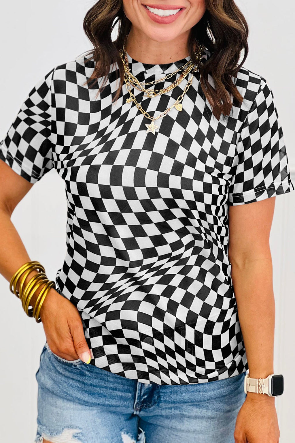 Checker Mesh Mock Neck Short Sleeve T-Shirt