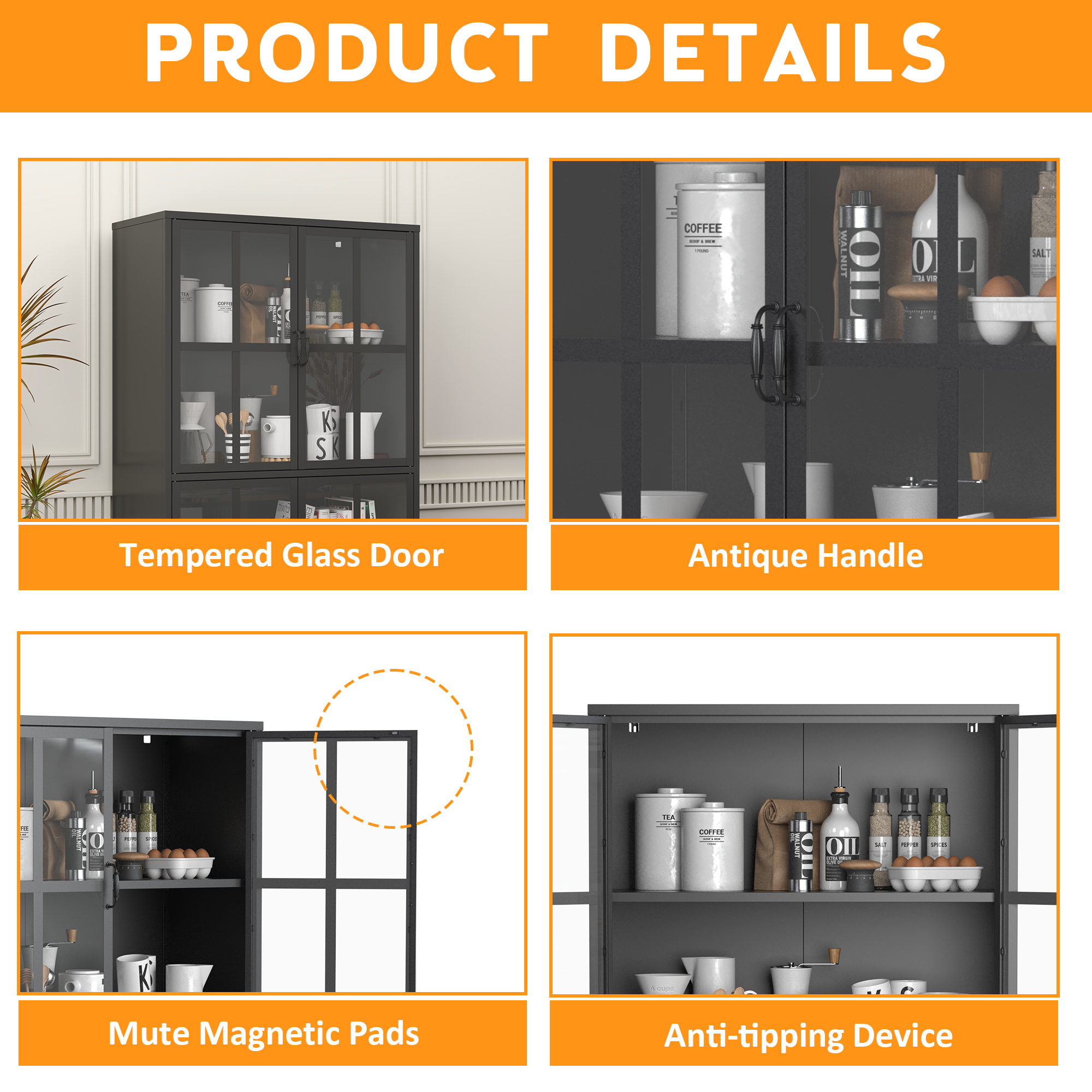 Premium Black Metal Storage Cabinet with Tempered Glass Doors, Adjustable Shelves, and Anti-Tipping Device