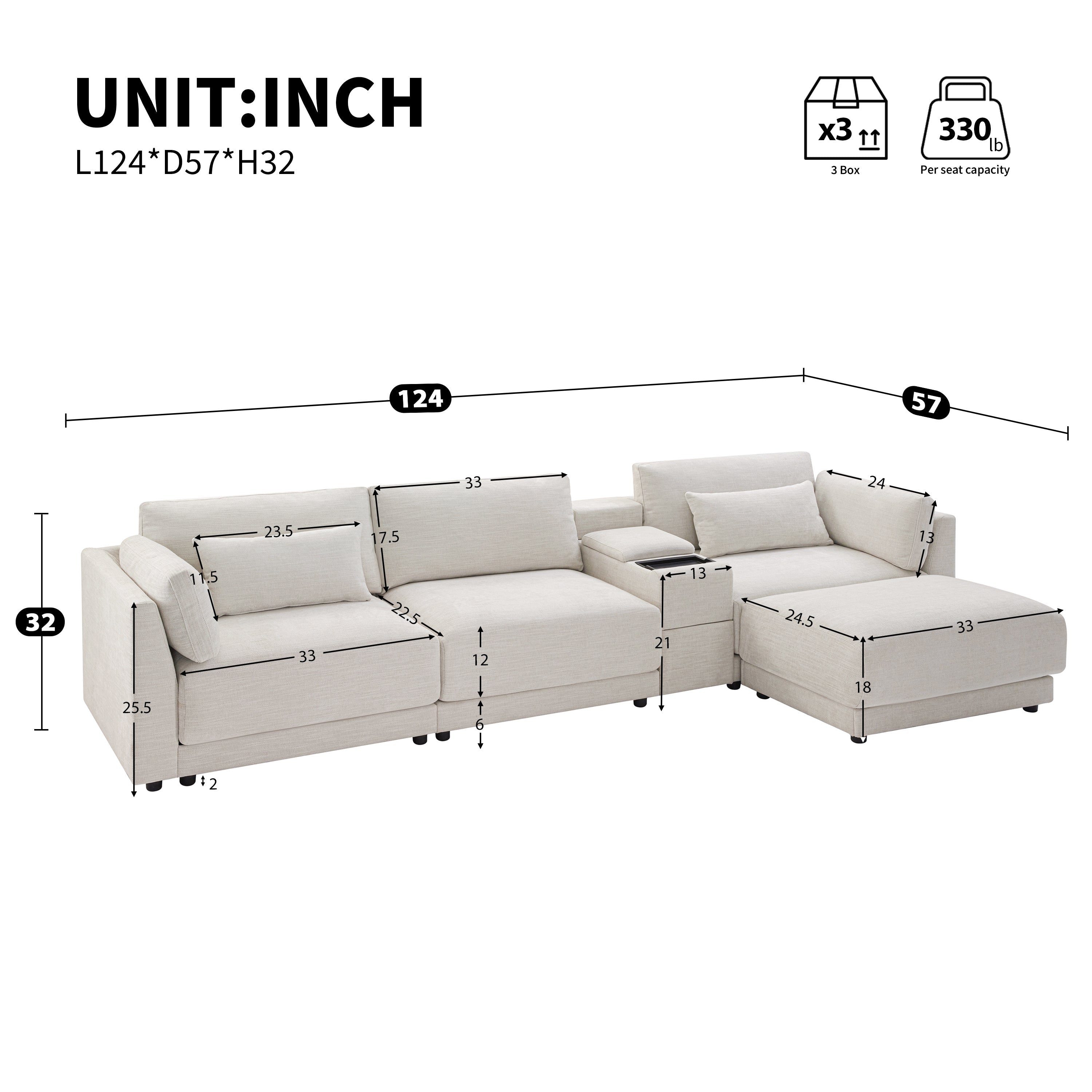 [VIDEO+NEW]124'' Modular Sectional Sofa with Storage Console and Movable Ottoman,33'' Wide Seat,4 Seat L Shaped Chenille Couch,Reversible Comfy Sofa with USB Charger for Living Room,Apartment,2 Colors