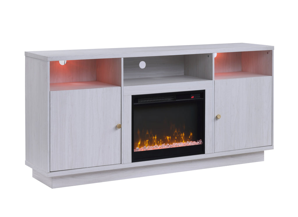 Ambrose 70'W White Walnut Finish Fireplace Console TV Stand with Heater, LED Light, Cabinets, Shelves