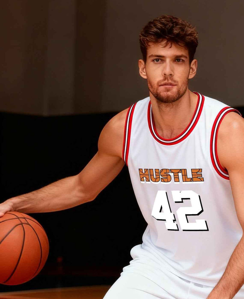 Hustle 42 Adult White with Red Trim Basketball Jersey | Ships From USA