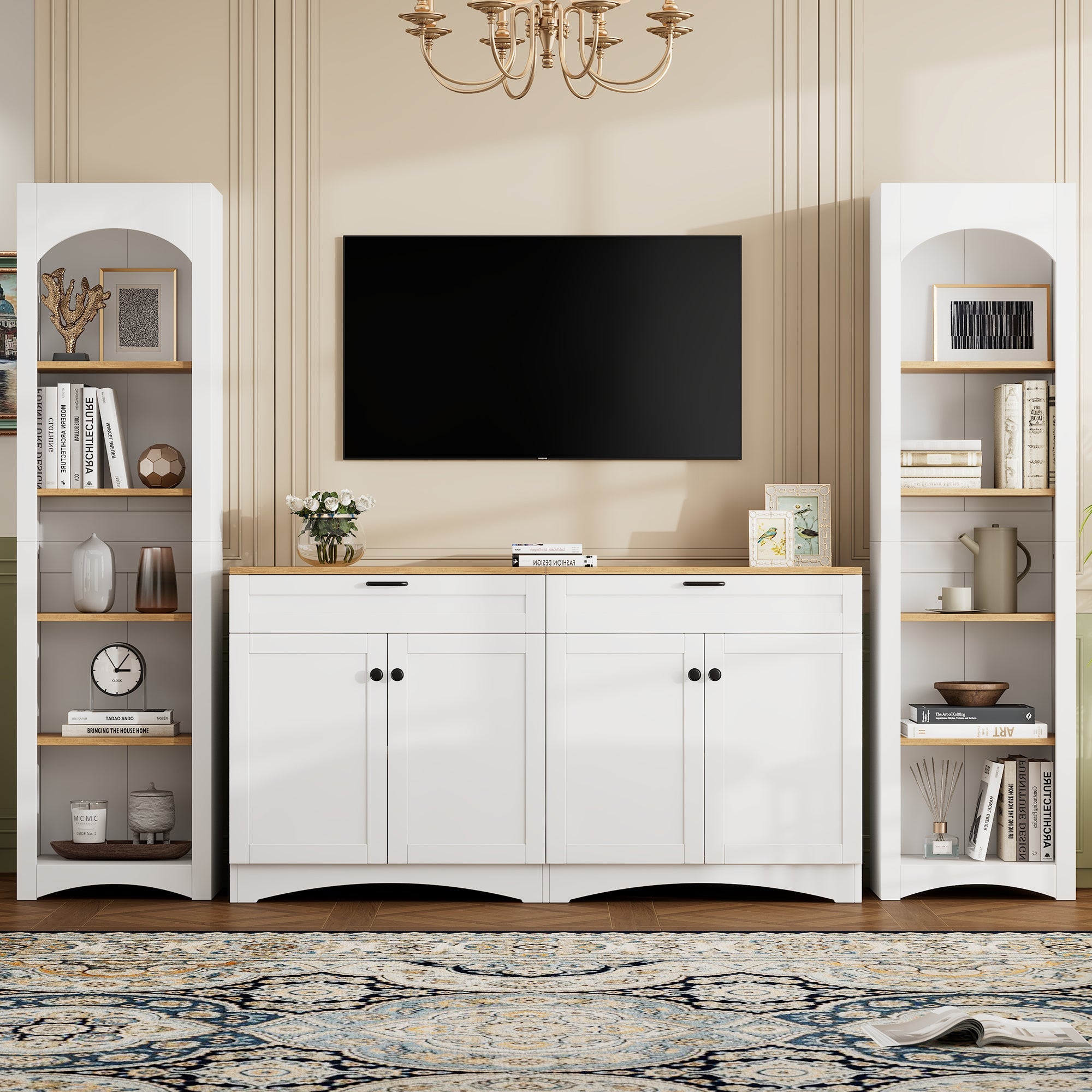 ON-TREND 3-Piece Farmhouse Entertainment Center with Storage Cabinet for TVs Up to 70', Mid-Century TV Stand with Bookshelf, Rustic Versatile Sideboard with Adjustable Shelves for Living Room, White