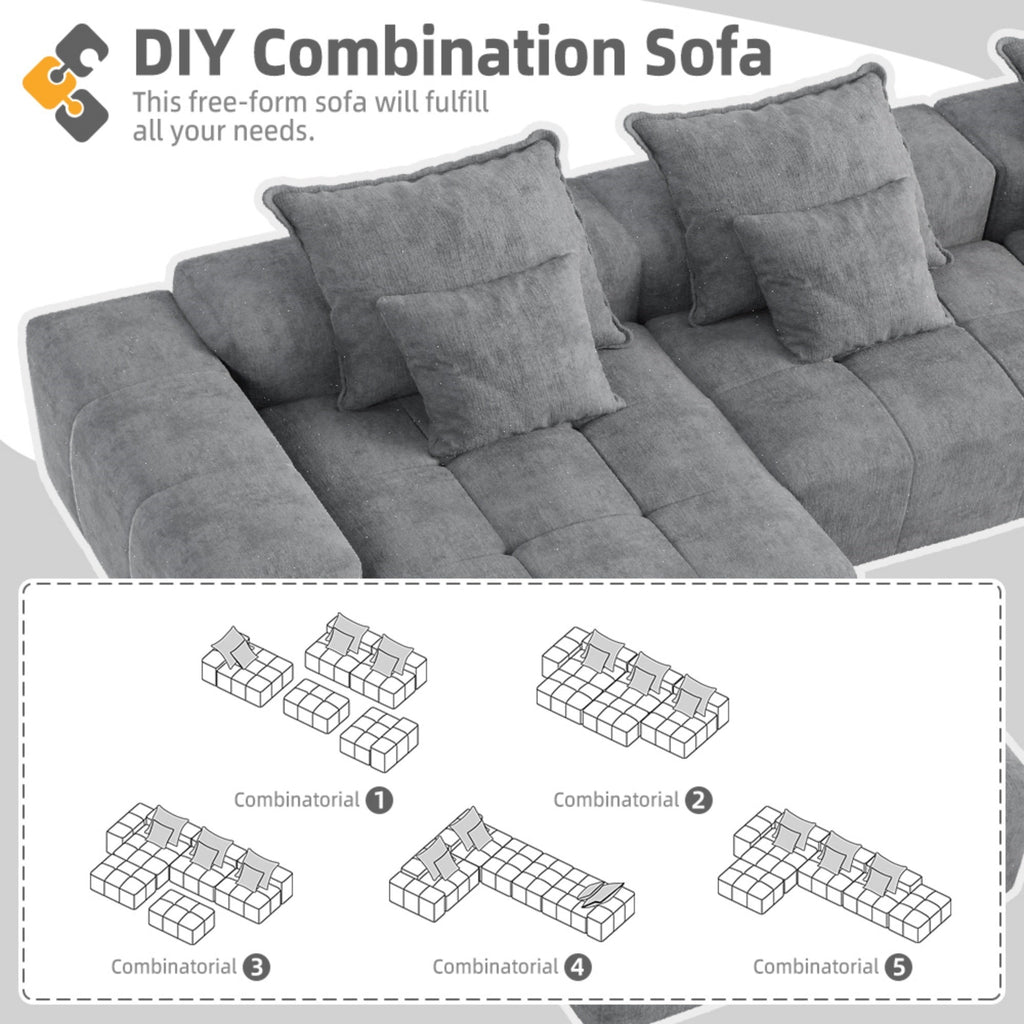 Modern Oversized Modular Sectional Sofa,Sparkling Chenille Fabric Soft Cushion Sofa with 6 Pillows,6 PCS DIY Combination Tufted Sofa,No Assembly Required,GREY