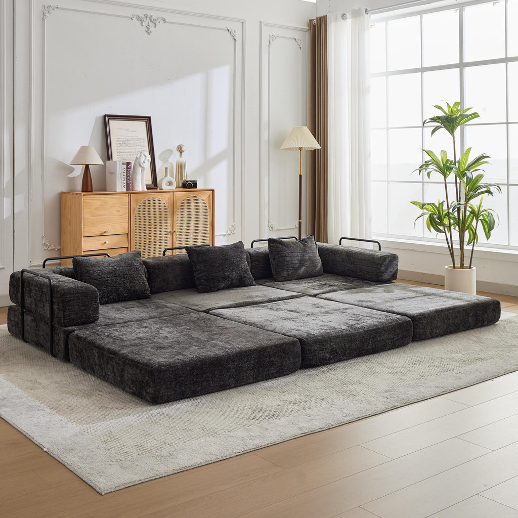 Compression Sofa,Convertible Floor Sofa Bed with Fixed-Shape Frame, Boneless Modular Sectional Sofa,No Assembly Required,Chenille fabric,for Living Room Bedroom,Black