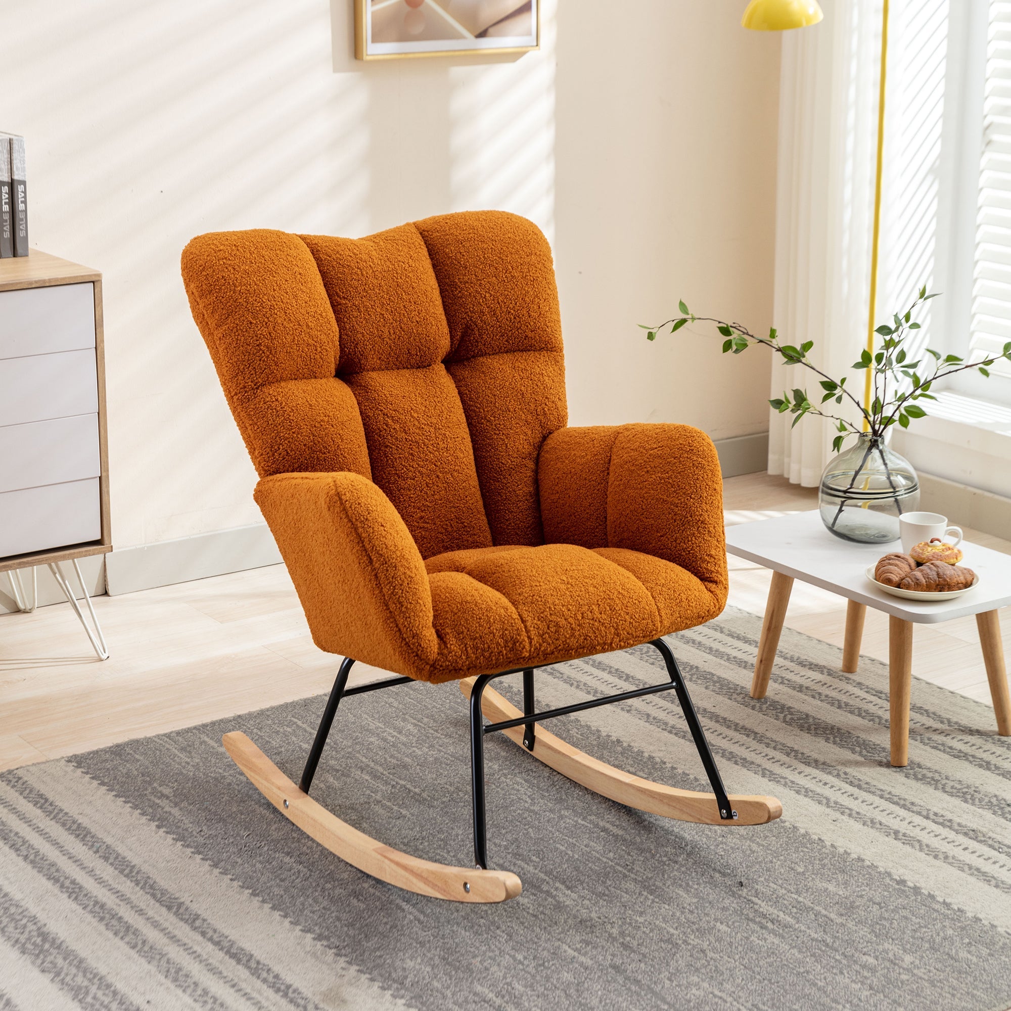 050-Teddy Fabric Rocking Gilder Nursery Chair For Living Room Indoor,Caramel