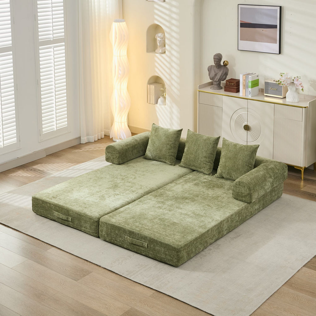Comfy Convertible Folding Mattress Couch, Floor Sofa Bed, Chenille Floor Sofa with Armrest, Floor Sofa Lounge Couch for Living Room Bedroom Lounge Studio-Green