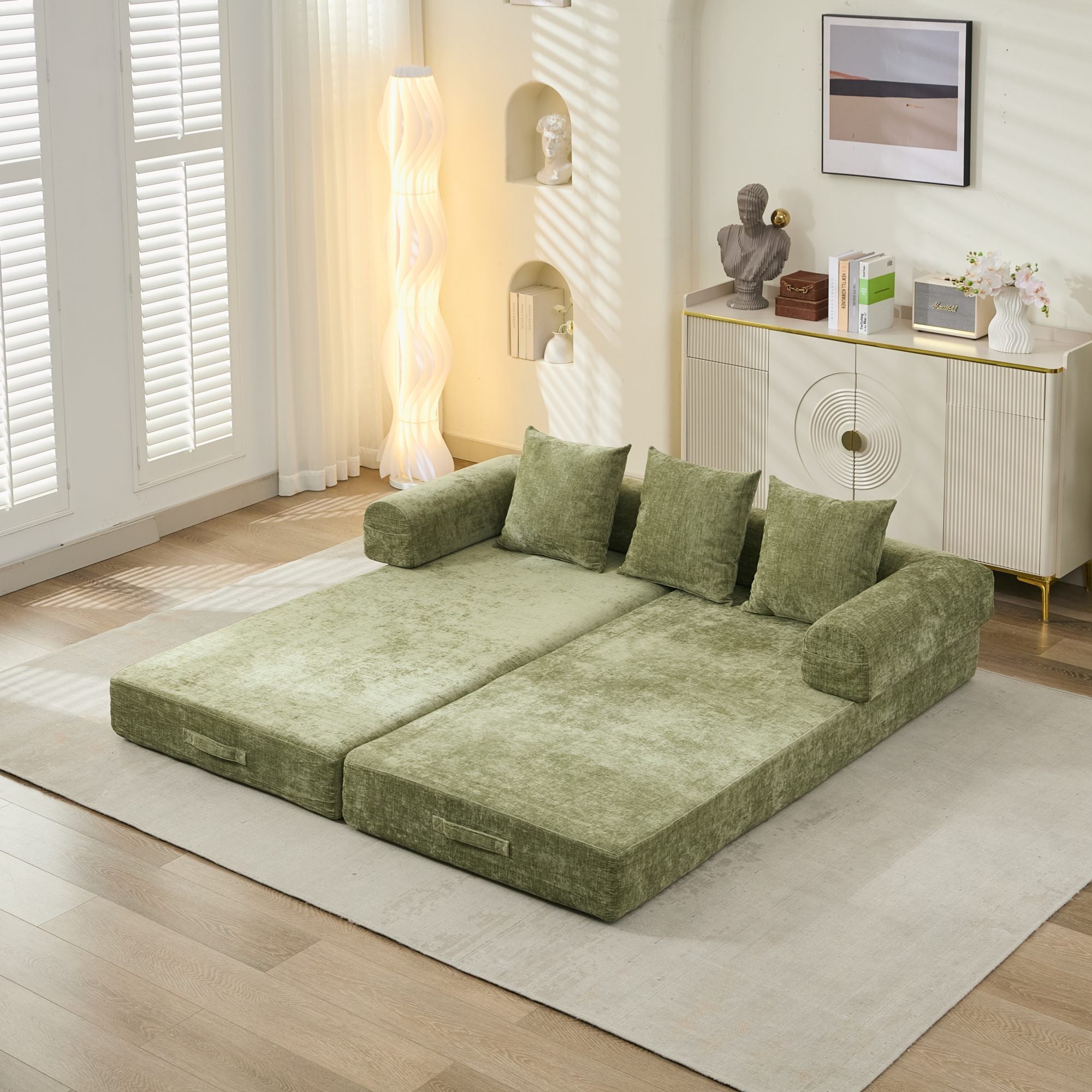 Comfy Convertible Folding Mattress Couch, Floor Sofa Bed, Chenille Floor Sofa with Armrest, Floor Sofa Lounge Couch for Living Room Bedroom Lounge Studio-Green