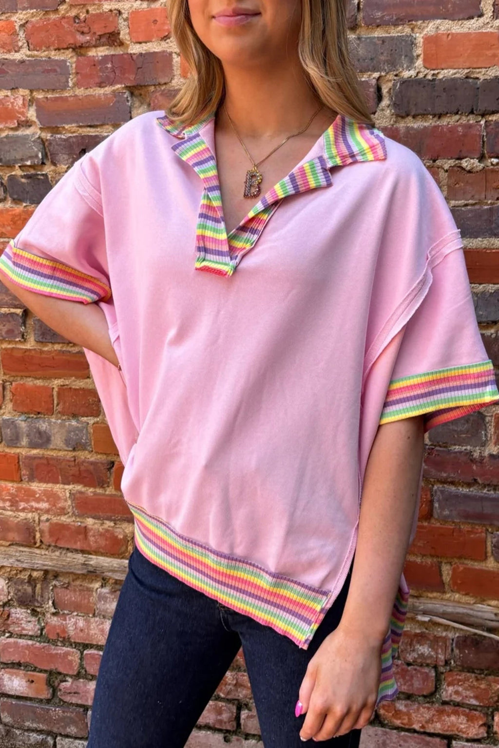 Rainbow Stripe Ribbed Patchwork Oversize Polo Tee