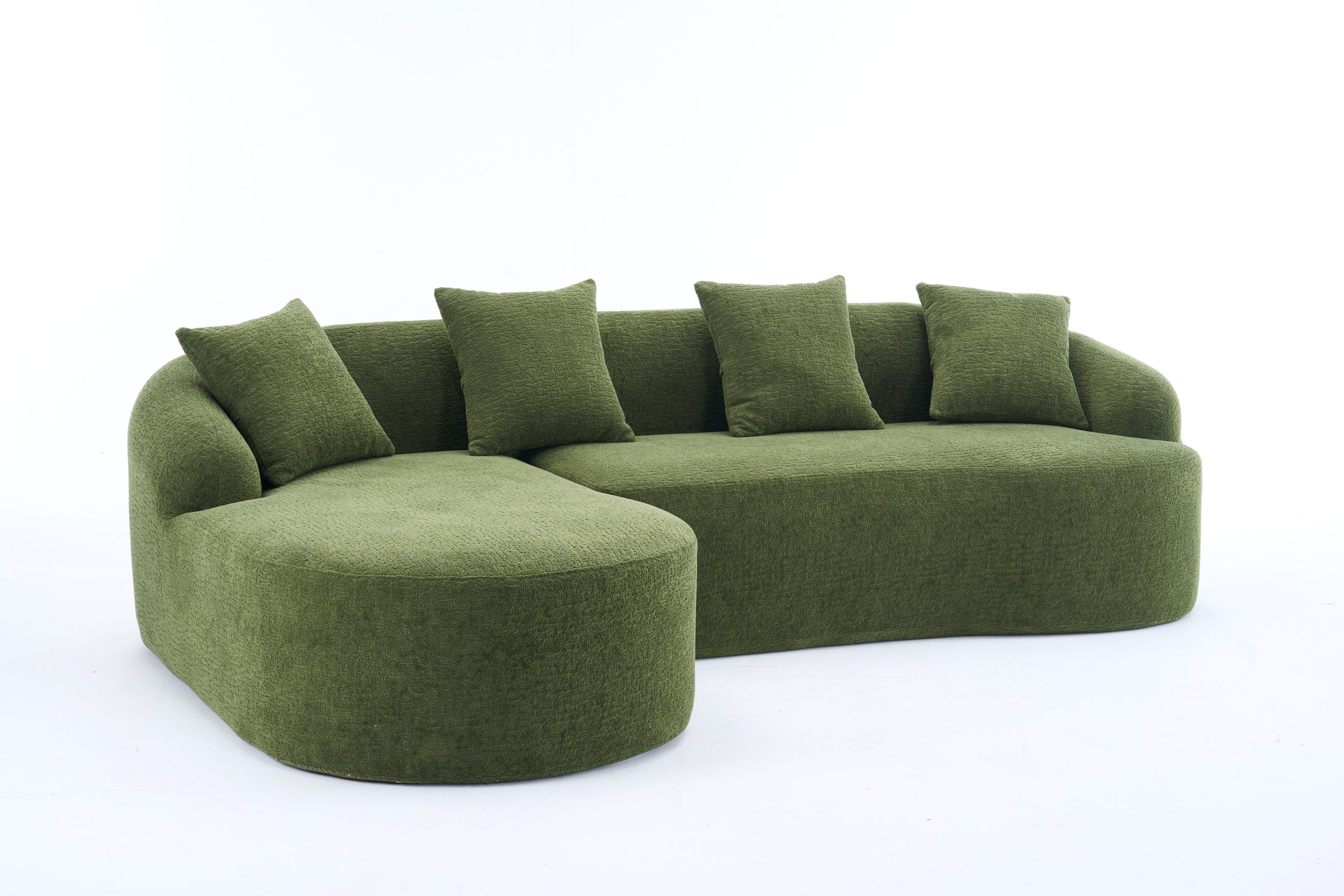 Compression Sponge L-Shape Sectional Sofa with Curved Chaise, Green Modular Chenille Couch No Assembly Required, 30D High-Density for Living Room Bedroom Apartment Lounge.