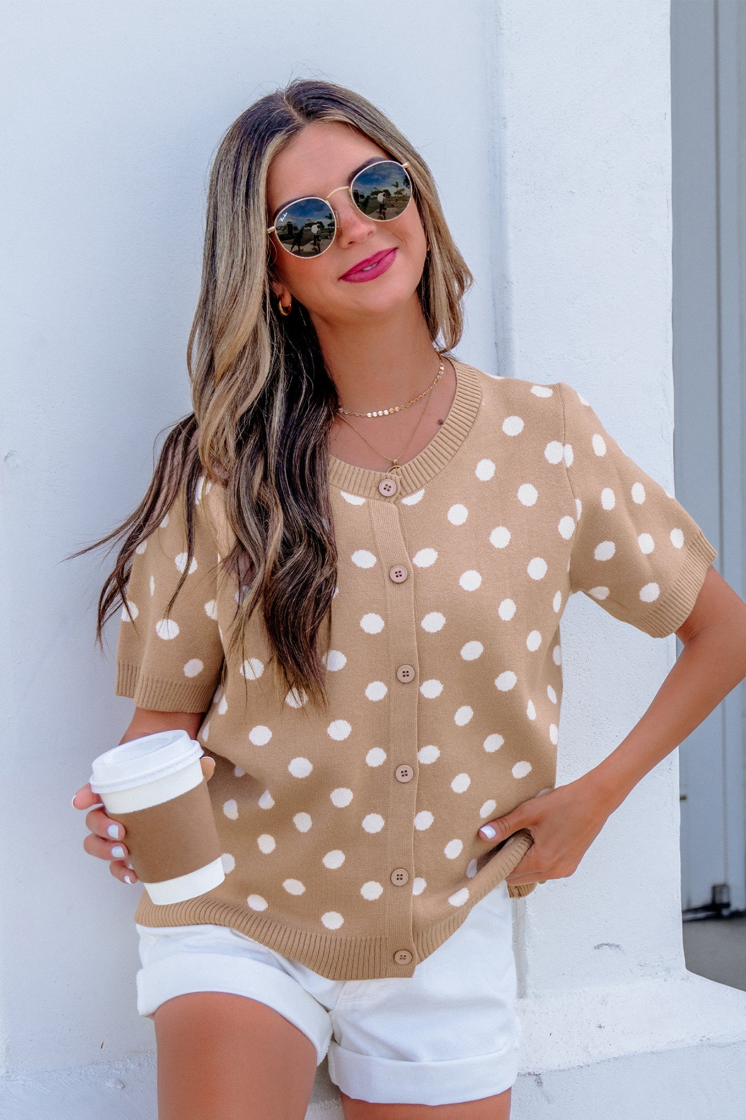 Polka Dot Short Sleeve Buttoned Sweater Cardigan