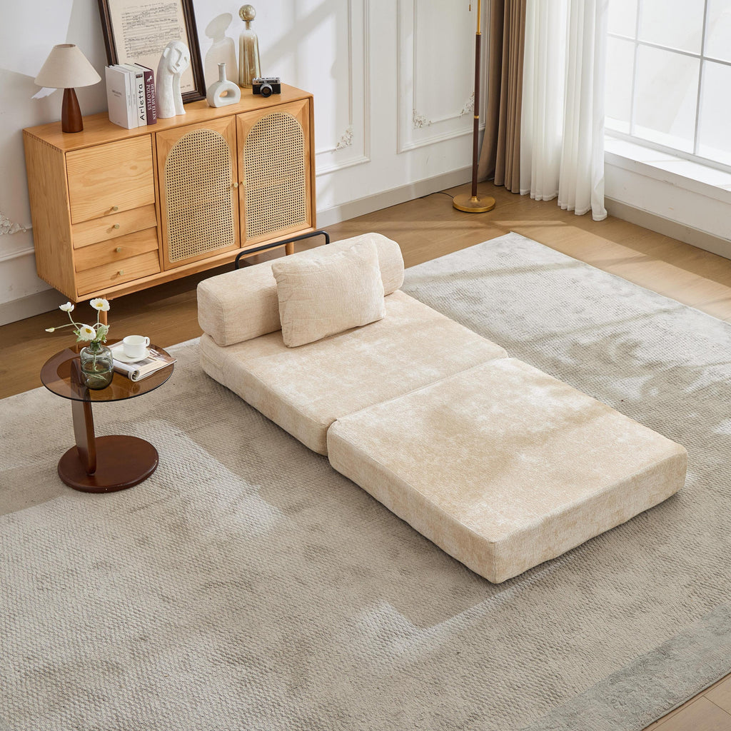 Compression Sofa,Convertible Floor Sofa Bed with Fixed-Shape Frame,Single Seater Boneless Modular Sectional Sofa,No Assembly Required,Chenille fabric,for Living Room Bedroom,Beige