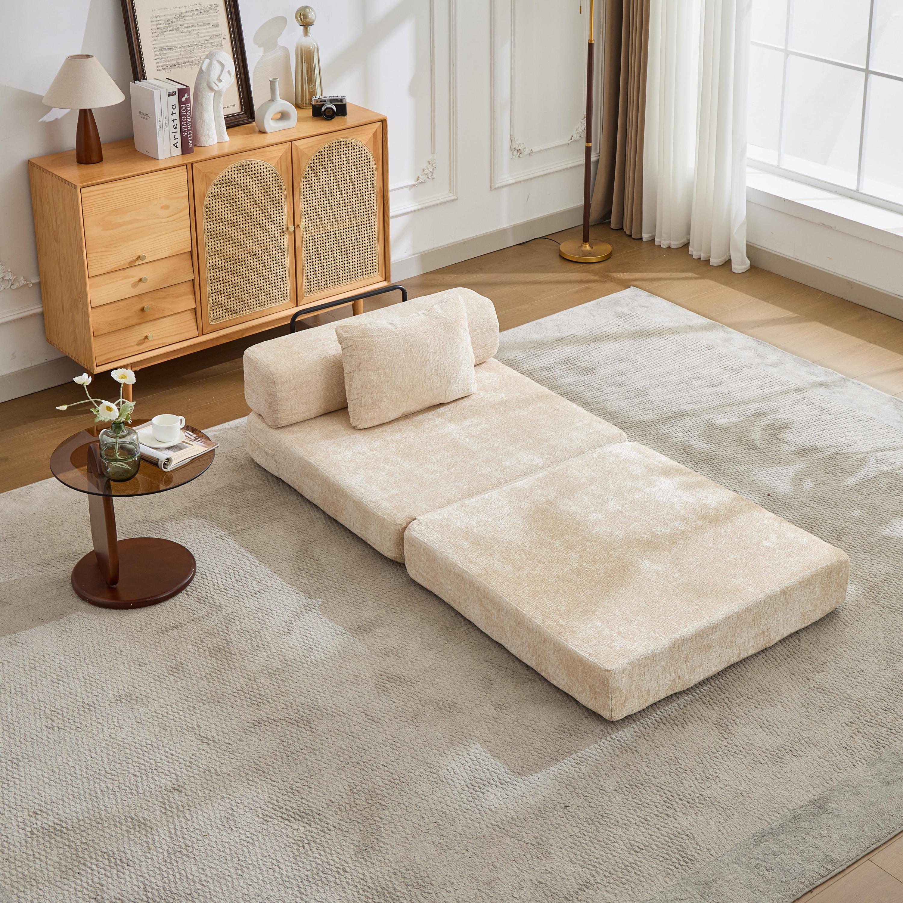 Compression Sofa,Convertible Floor Sofa Bed with Fixed-Shape Frame,Single Seater Boneless Modular Sectional Sofa,No Assembly Required,Chenille fabric,for Living Room Bedroom,Beige