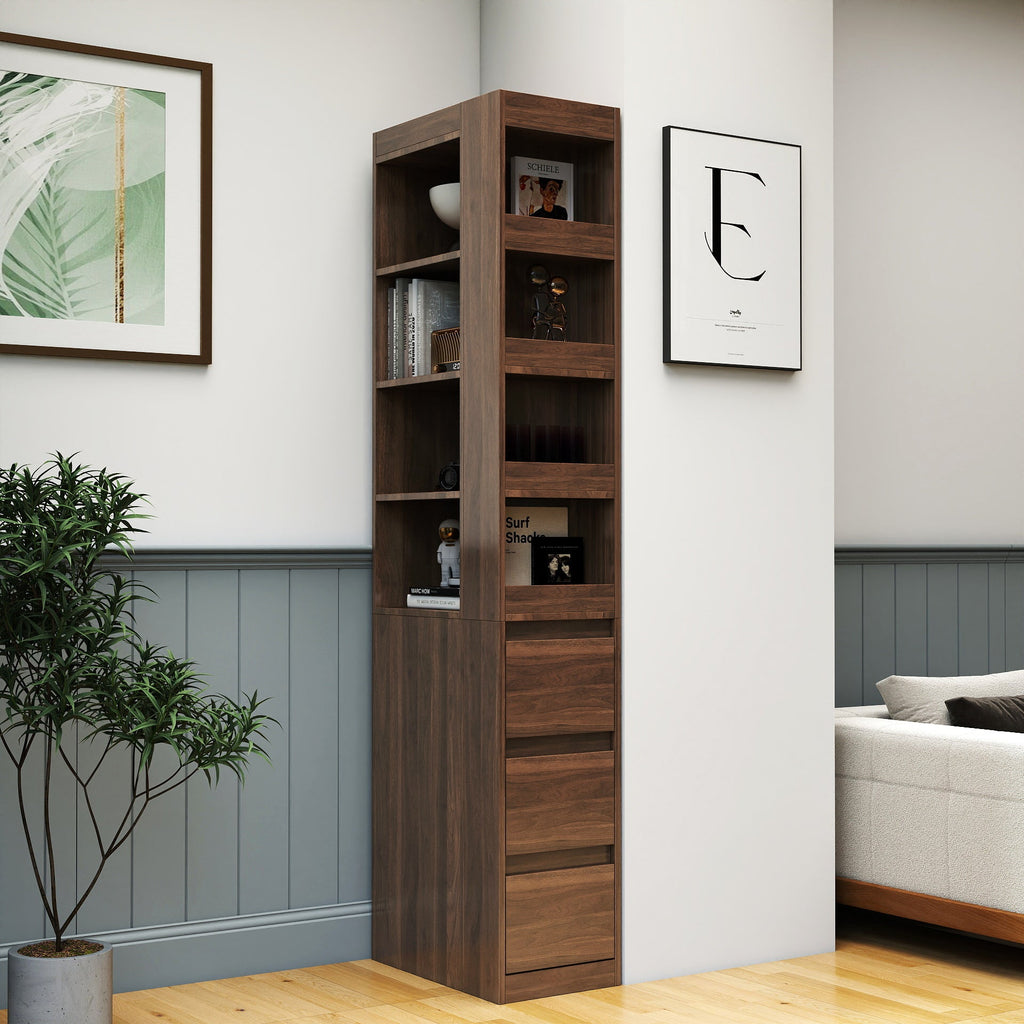 70.87' H Display Storage  Cabinet , 4-Tier Shelf, 3 Side Drawers & 4 small display shelves , Modern Wooden Tall Bookshelf Bookcase for Living Room Home Office