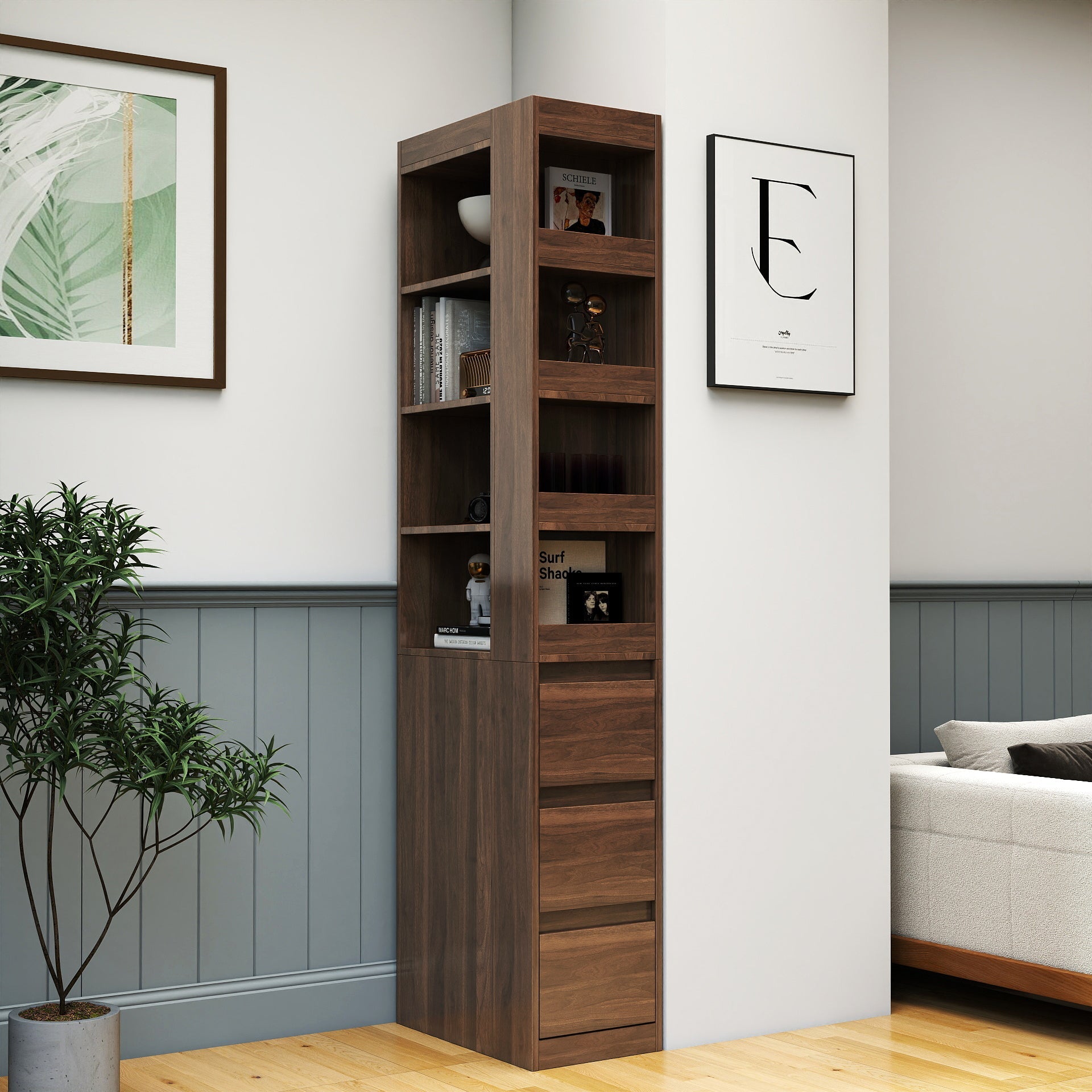 70.87' H Display Storage  Cabinet , 4-Tier Shelf, 3 Side Drawers & 4 small display shelves , Modern Wooden Tall Bookshelf Bookcase for Living Room Home Office
