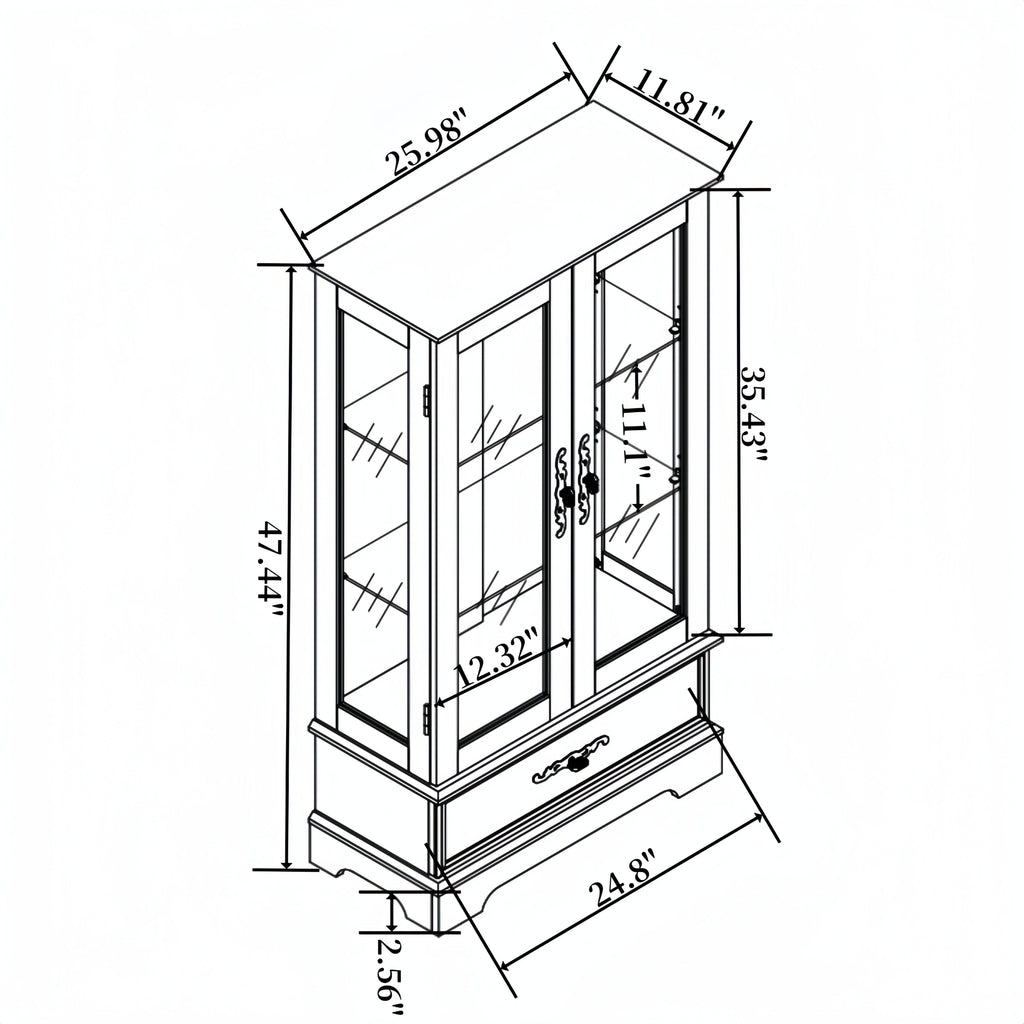 Lighted Glass Curio Display Cabinet with Adjustable Shelves - 2 Doors, 1 Drawer, LED Lights, Elegant Light Oak Finish
