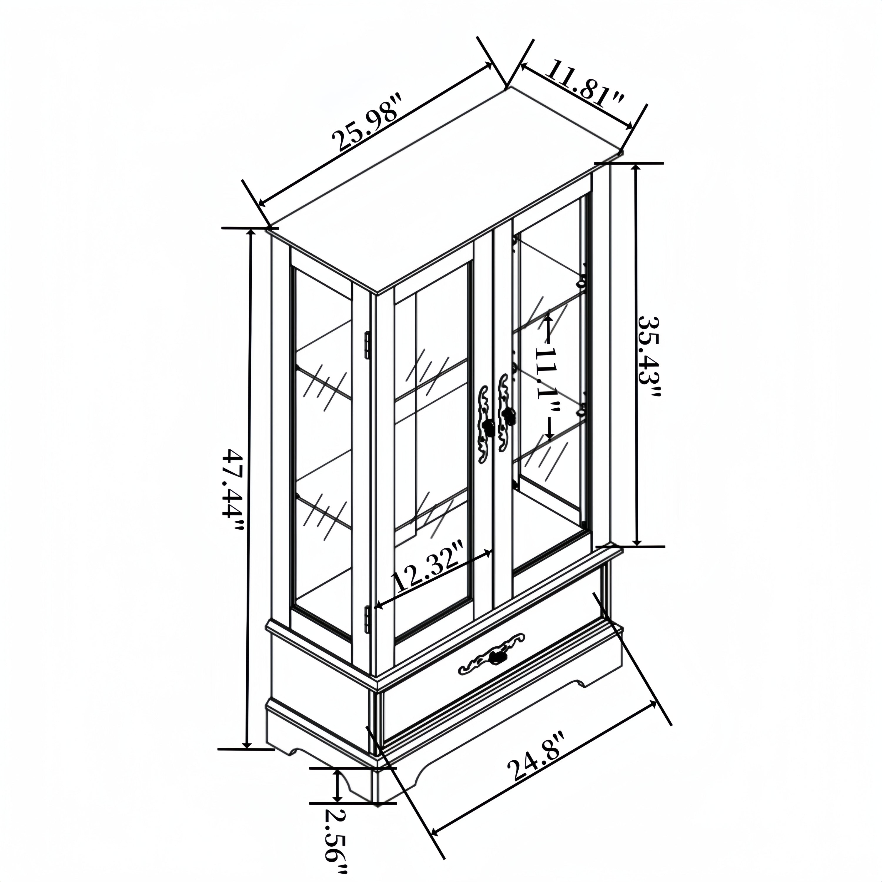 Lighted Glass Curio Display Cabinet with Adjustable Shelves - 2 Doors, 1 Drawer, LED Lights, Elegant Light Oak Finish