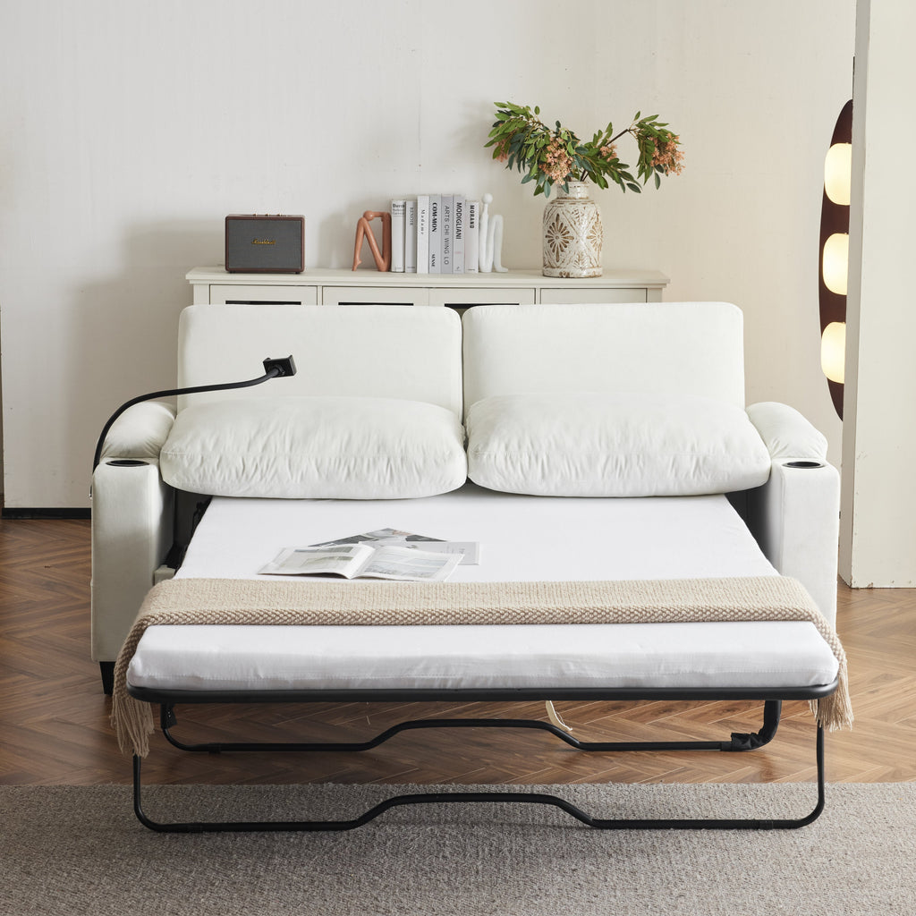 Pull-out sofa bed, chenille material, pull-out queen sofa bed, with USB charging, mobile phone holder, memory sofa, removable and washable cushions, suitable for living room, bedroom, apartment, white